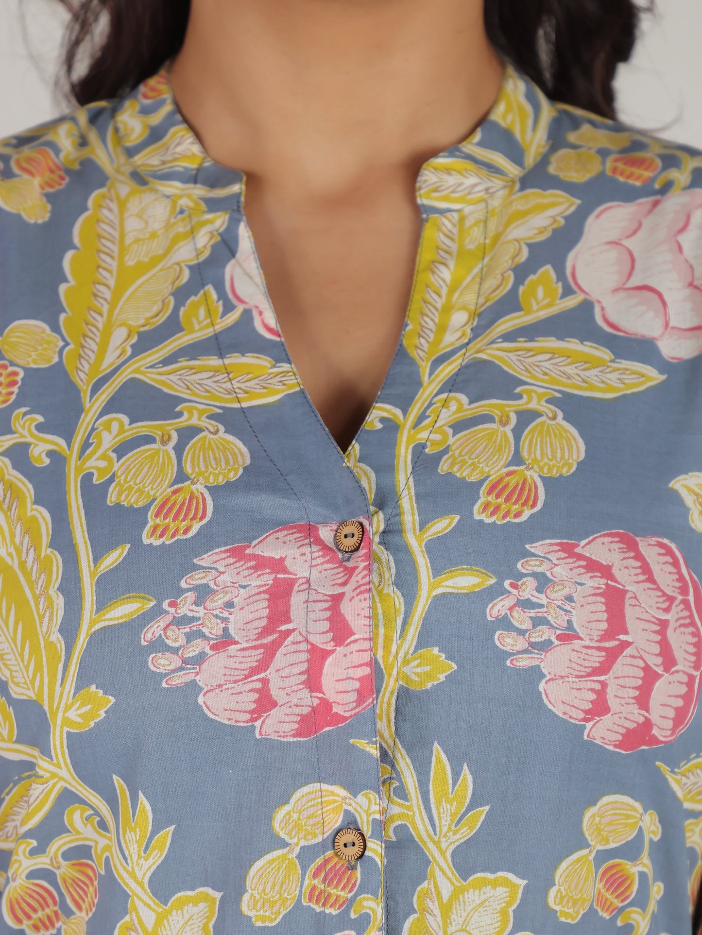 Soft Cotton Floral Straight Blue Top