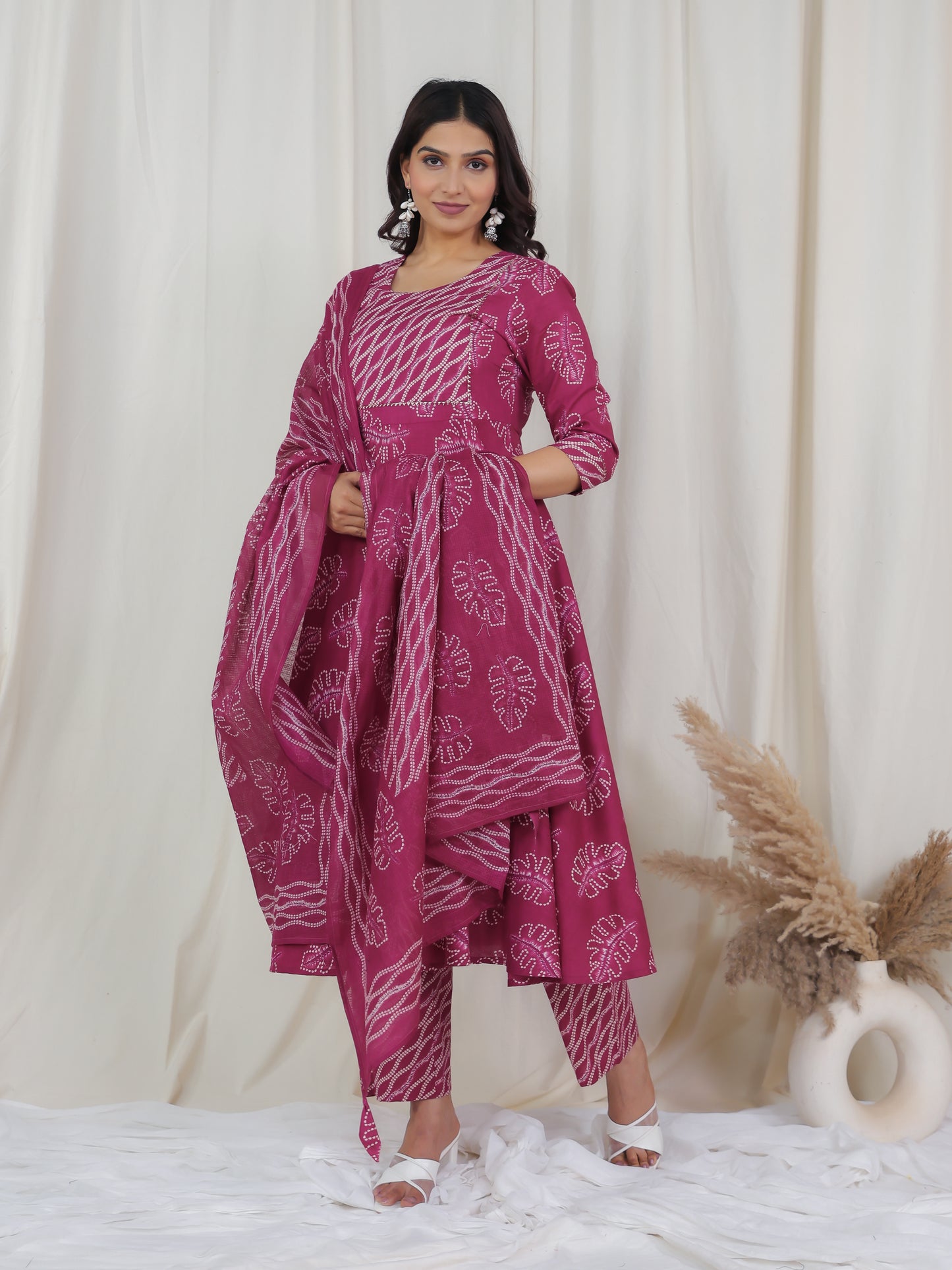 Soft Cotton Foliage Anarkali Pink Kurta