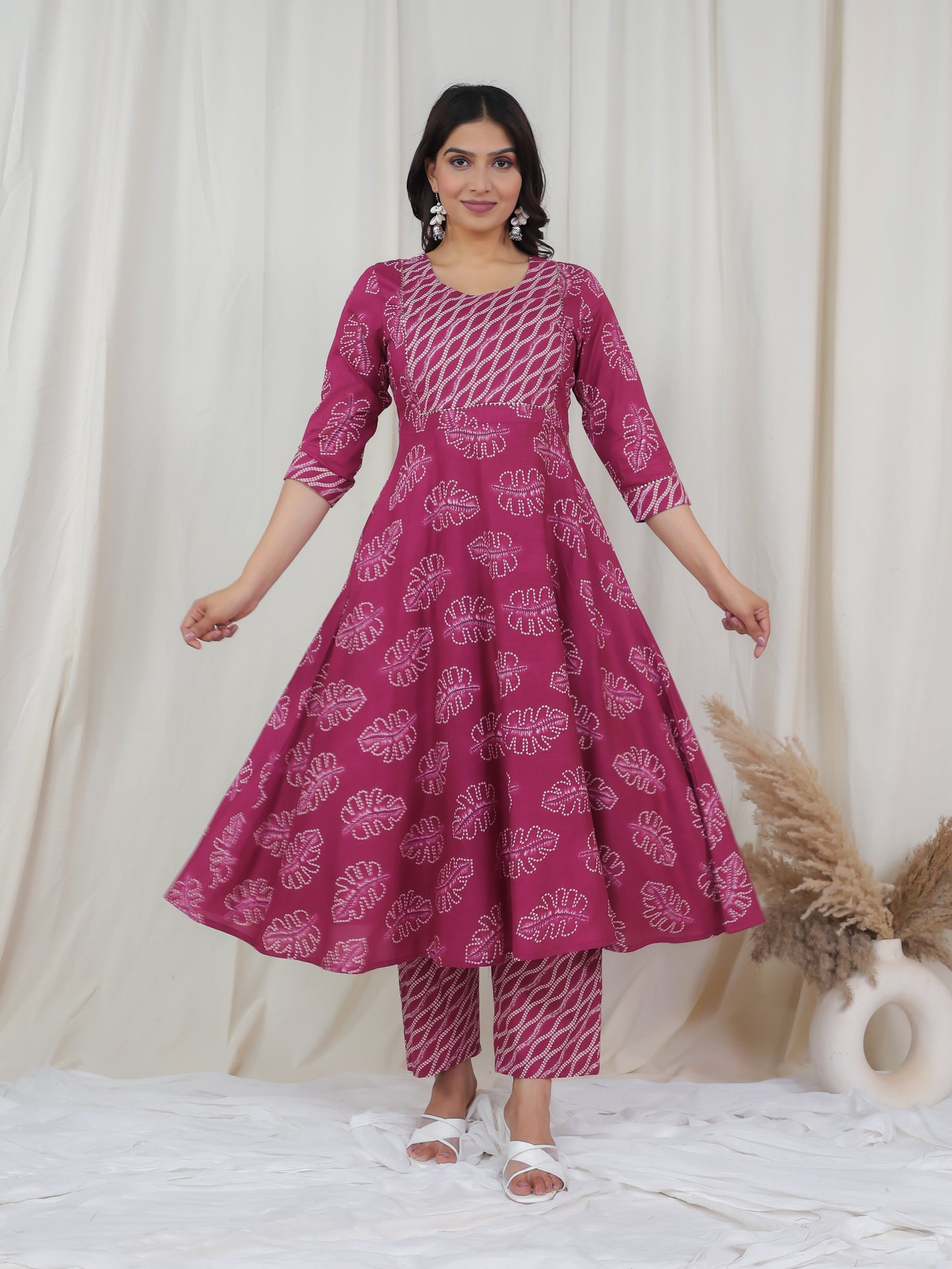 Soft Cotton Foliage Anarkali Pink Kurta
