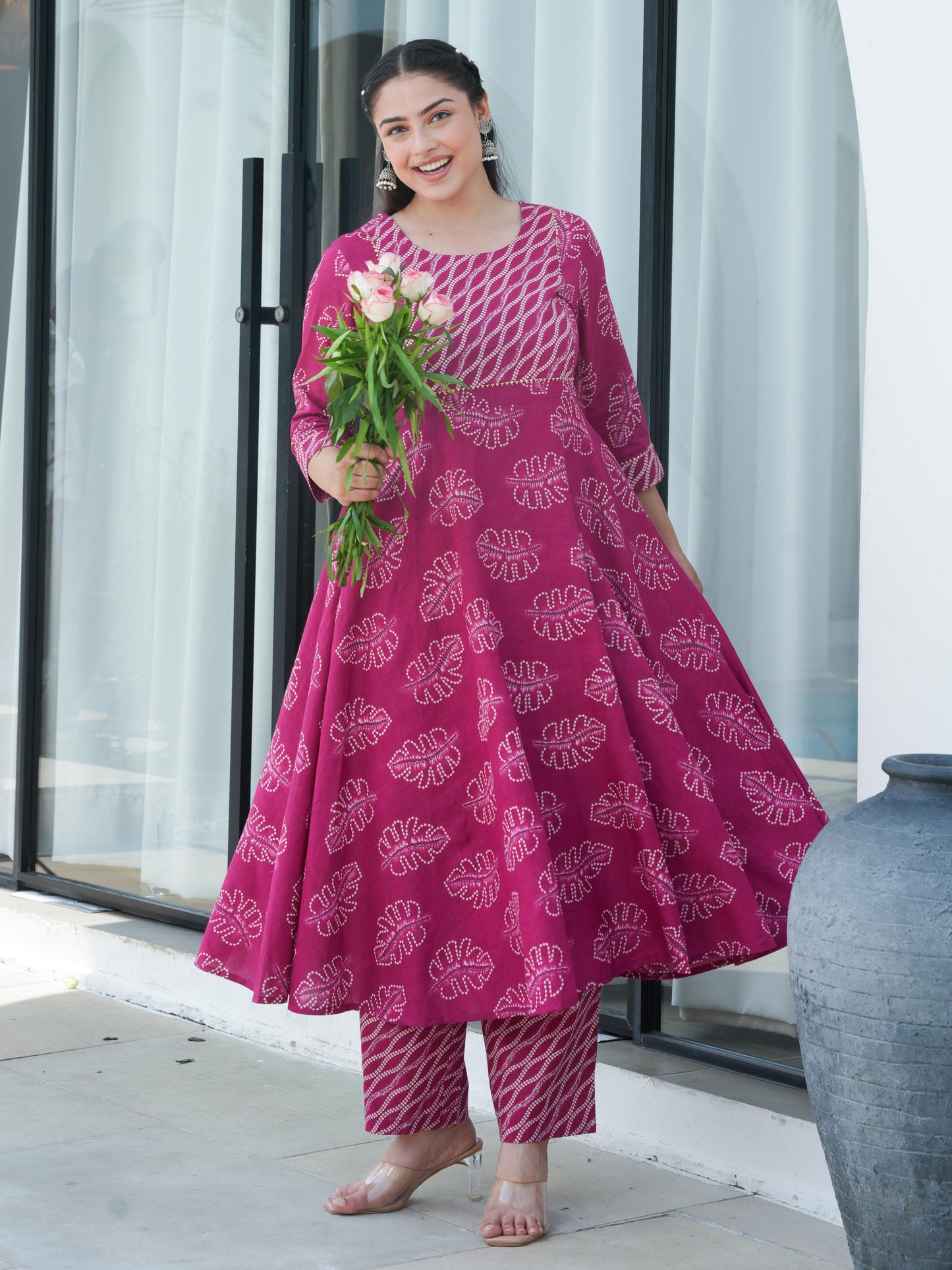 Soft Cotton Foliage Anarkali Pink Kurta