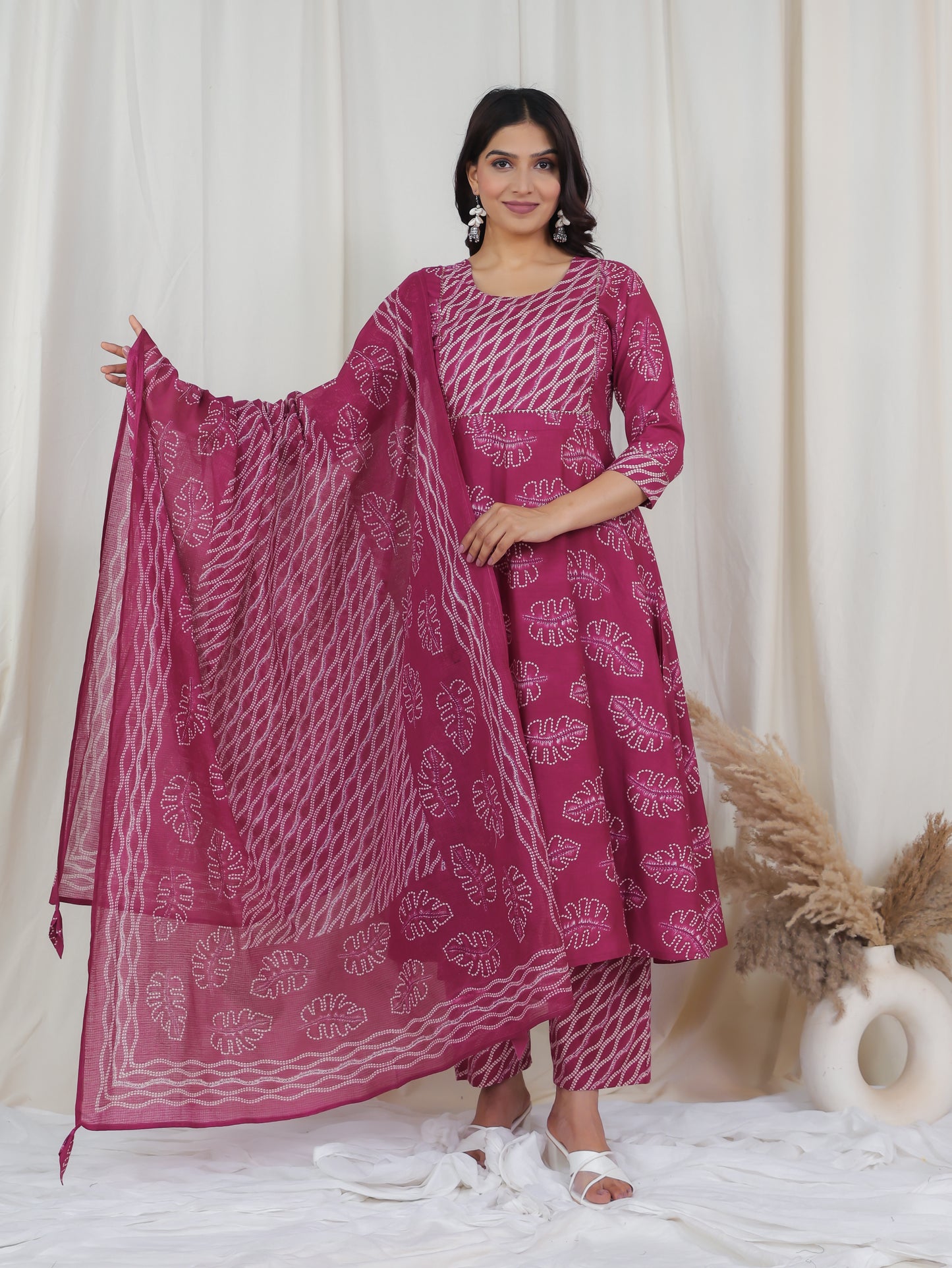 Soft Cotton Foliage Anarkali Pink Kurta