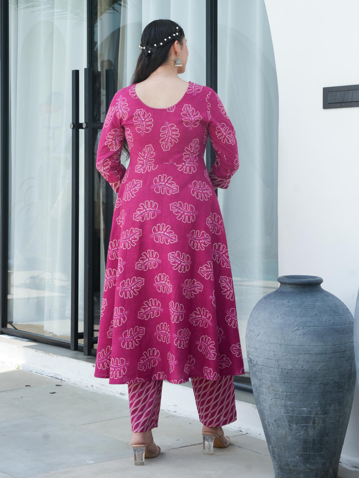 Soft Cotton Foliage Anarkali Pink Kurta