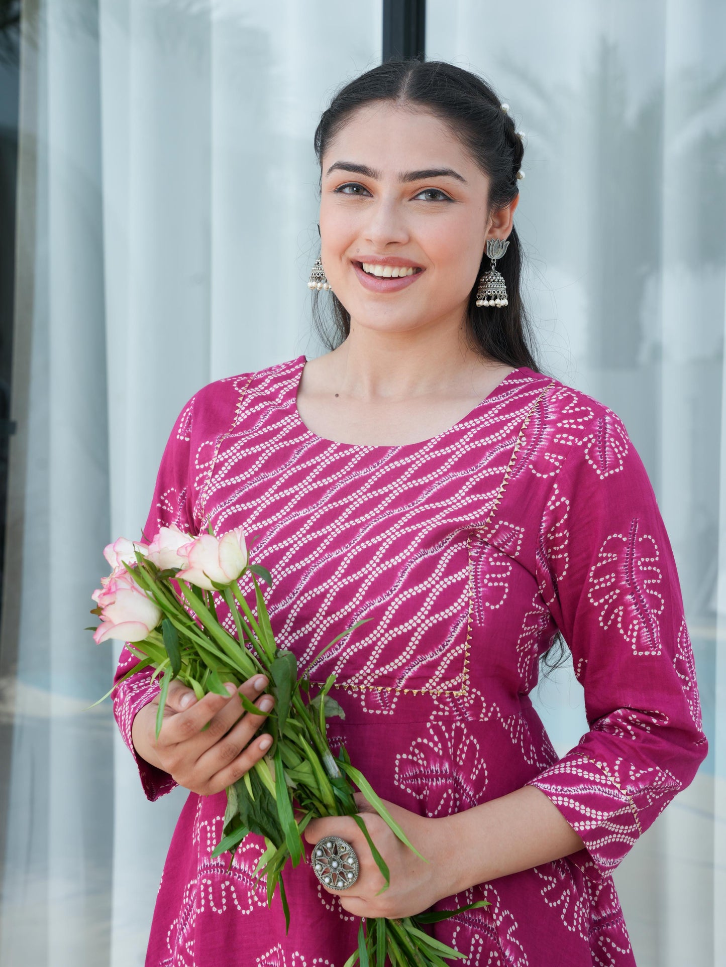 Soft Cotton Foliage Anarkali Pink Kurta