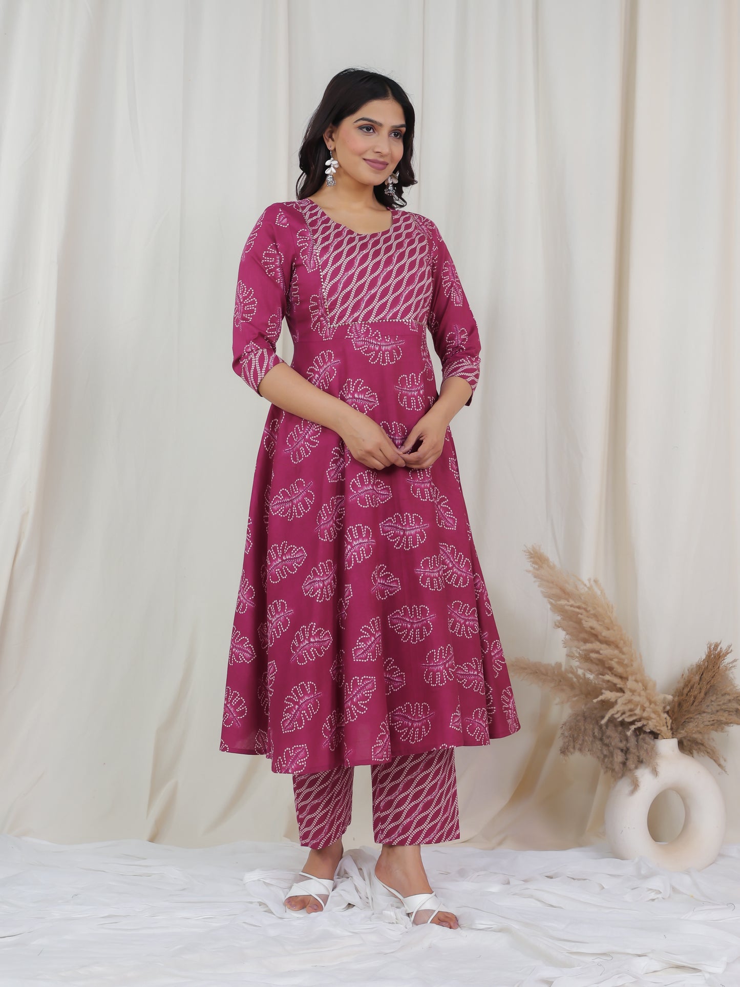 Soft Cotton Foliage Anarkali Pink Kurta