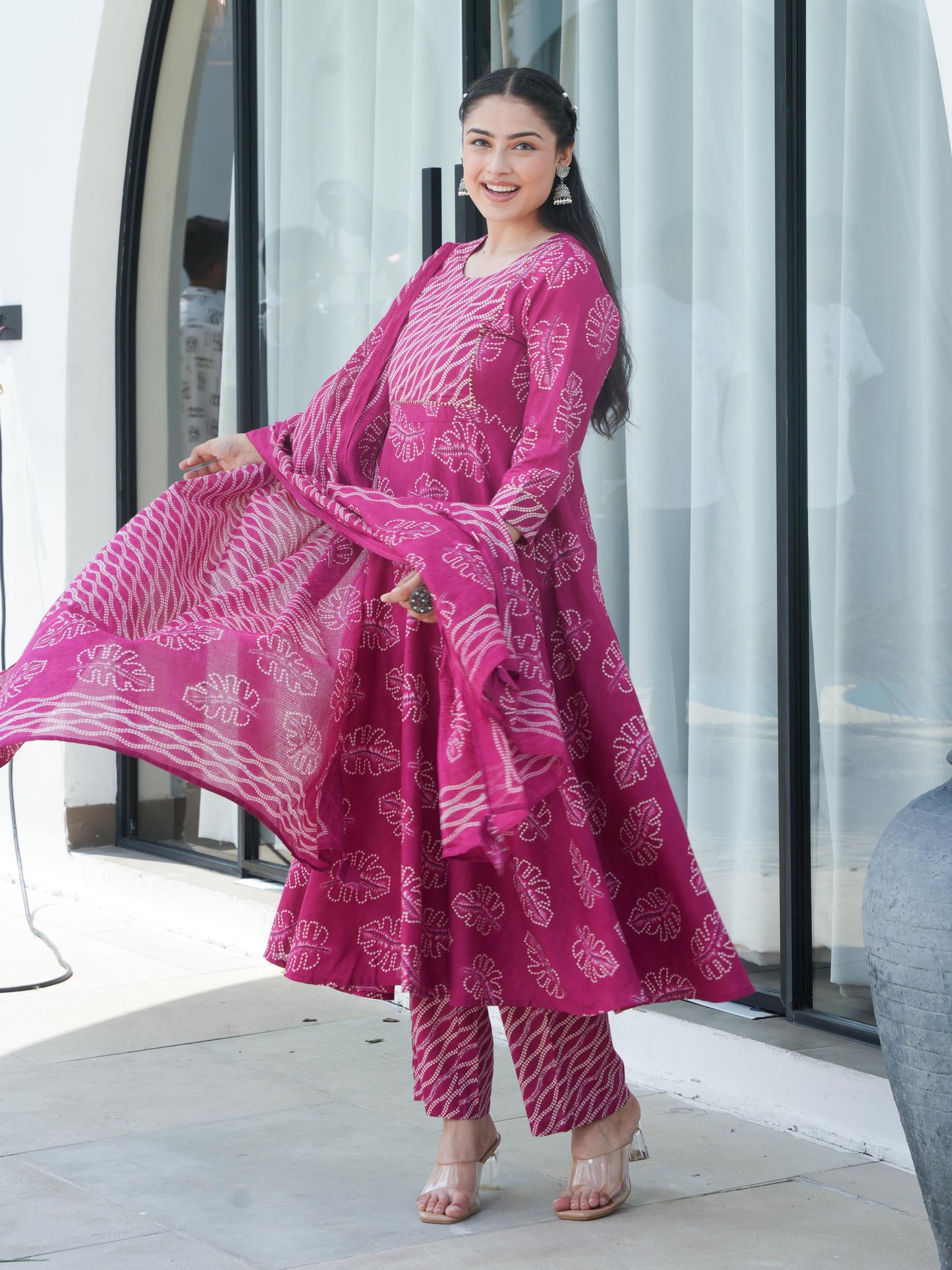 Soft Cotton Foliage Anarkali Pink Kurta