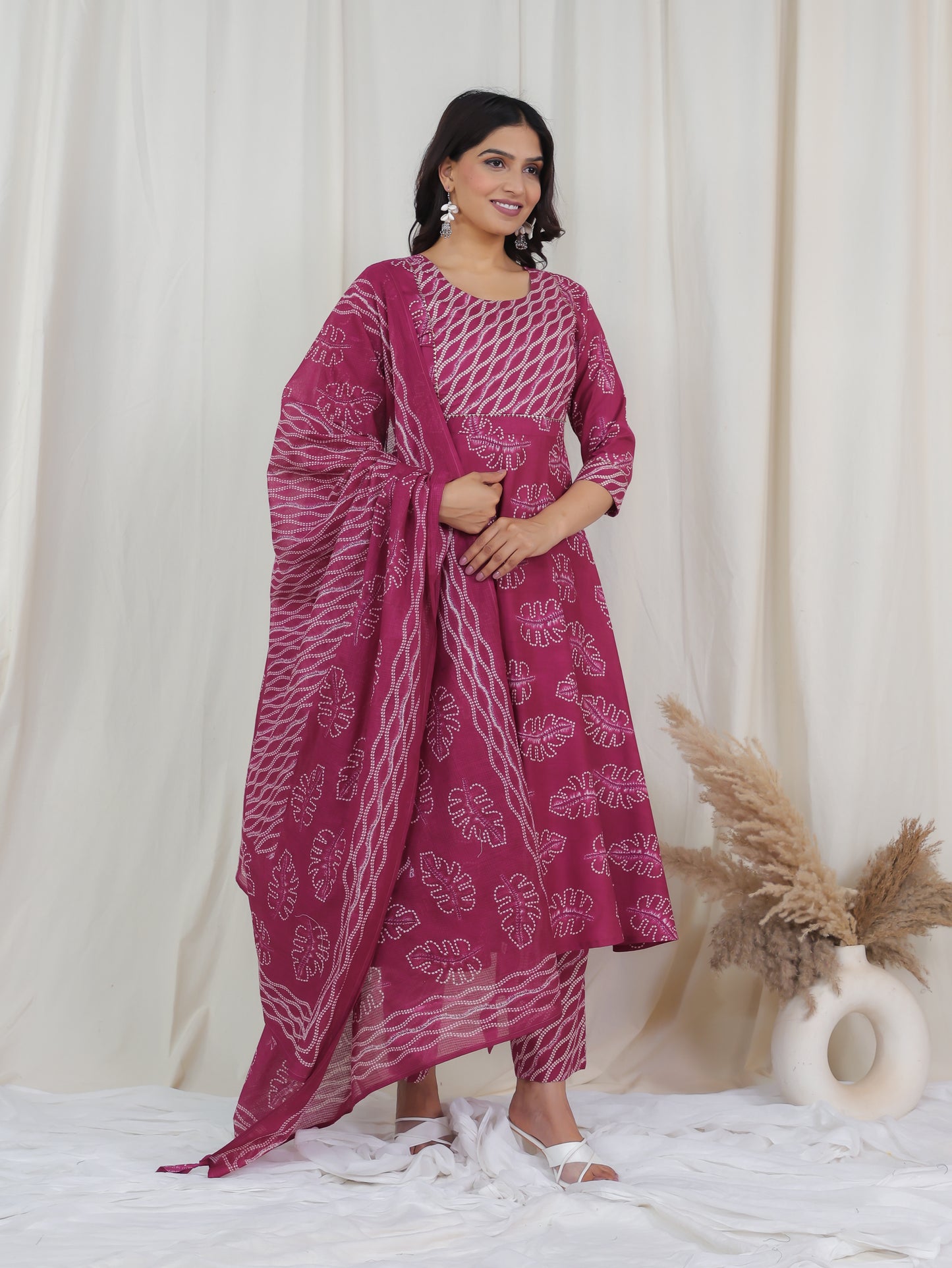 Soft Cotton Foliage Anarkali Pink Kurta