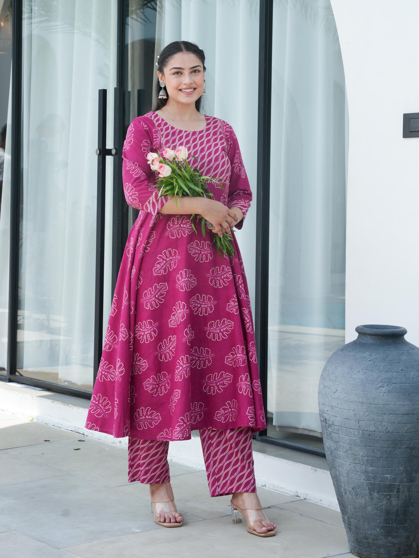 Soft Cotton Foliage Anarkali Pink Kurta