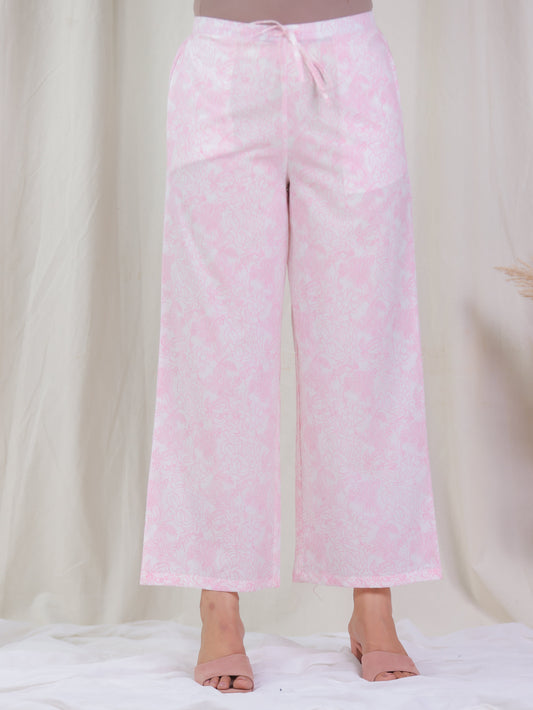 Soft Cotton Floral Pink Flared Trousers