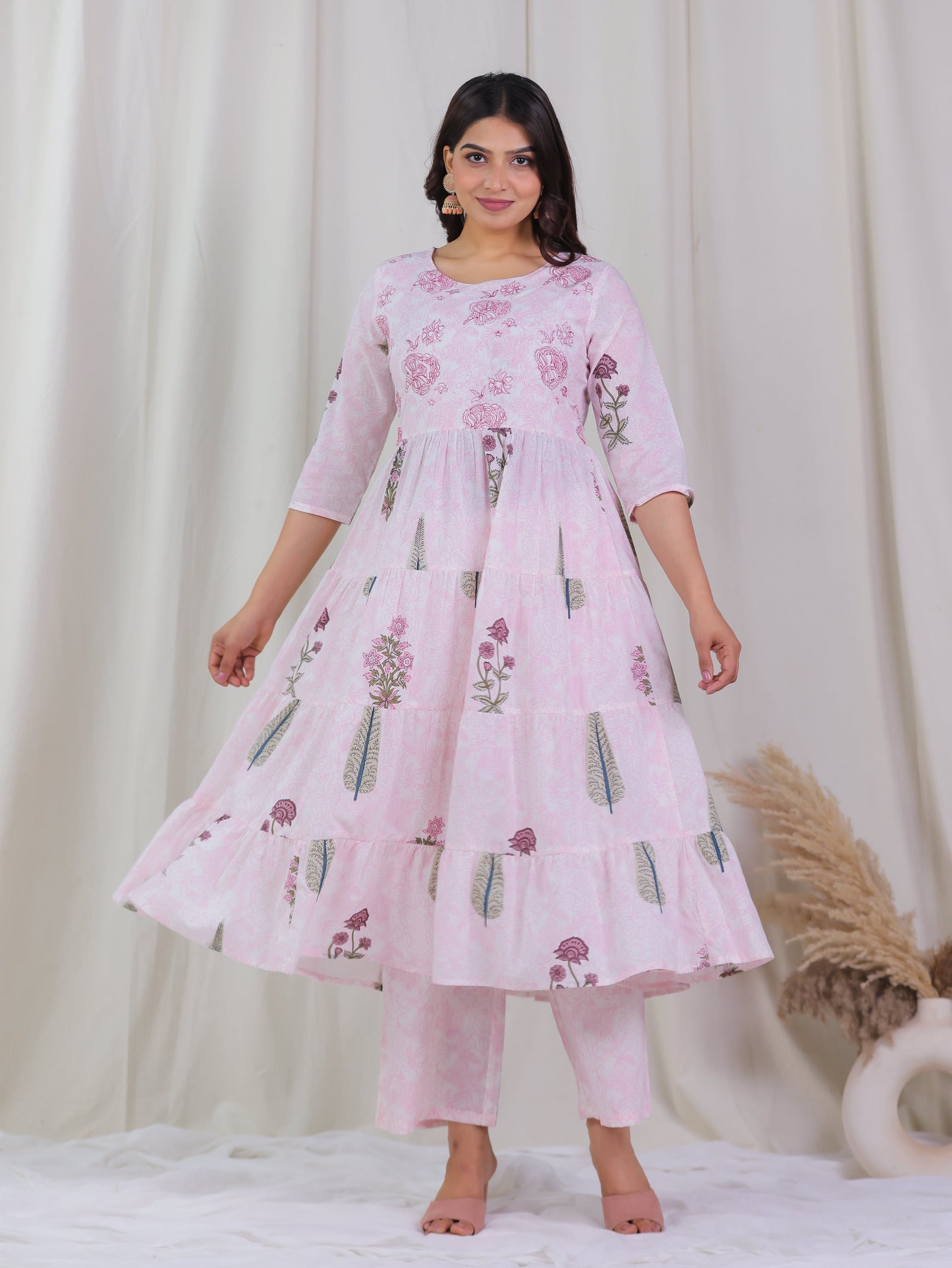 Embroidered Soft Cotton Floral Anarkali Pink Kurta