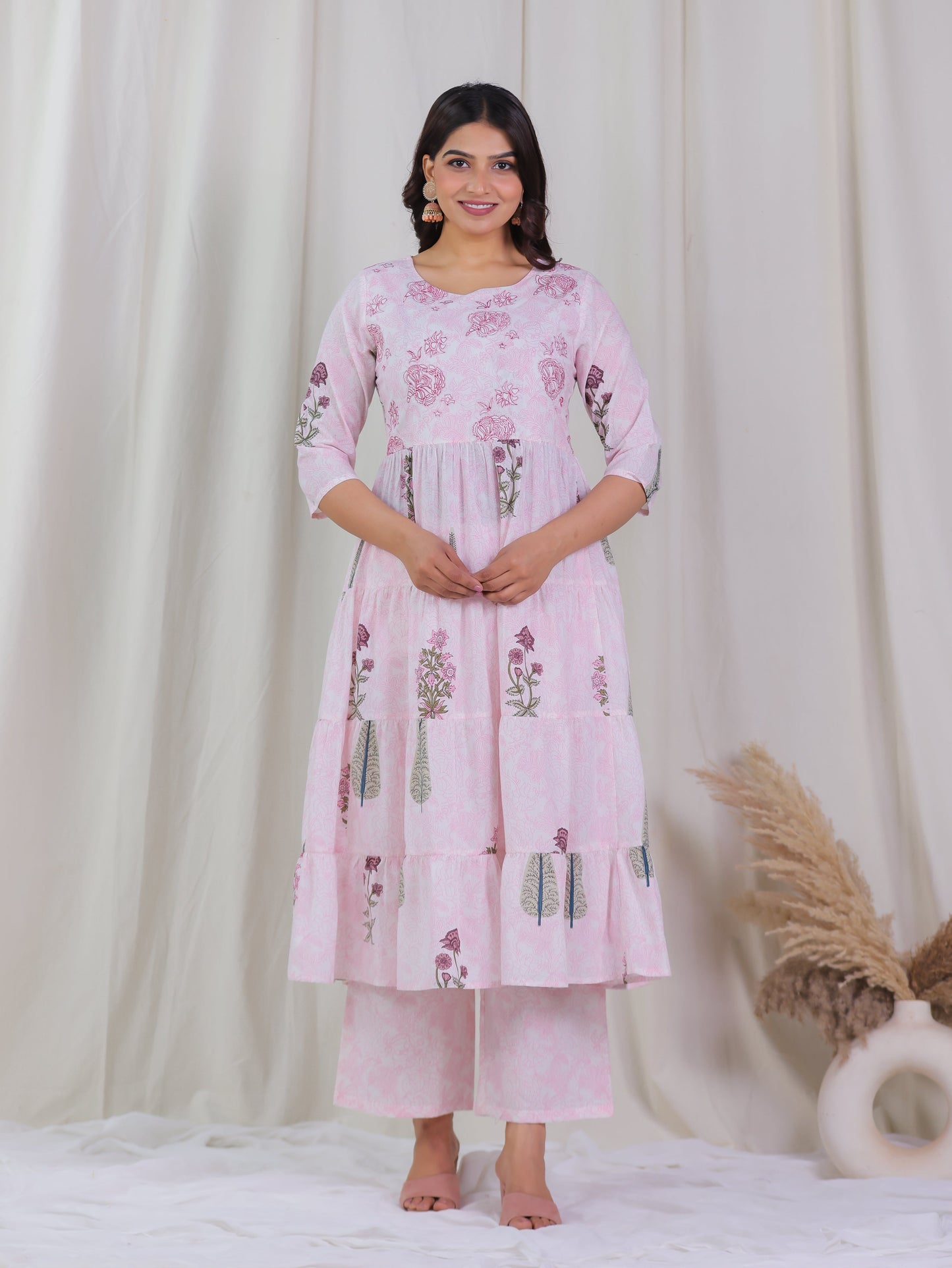 Embroidered Soft Cotton Floral Anarkali Pink Kurta
