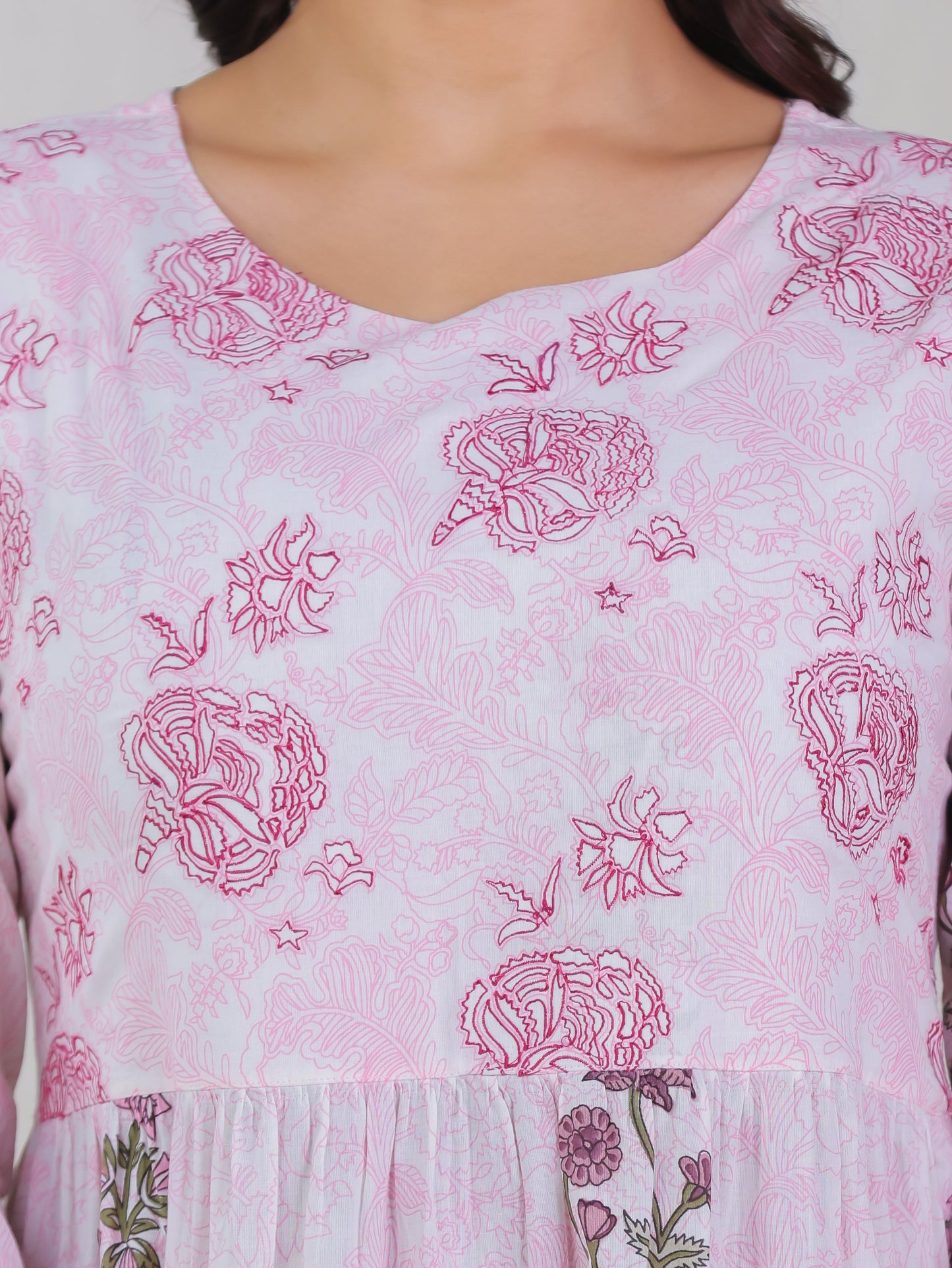 Embroidered Soft Cotton Floral Anarkali Pink Kurta