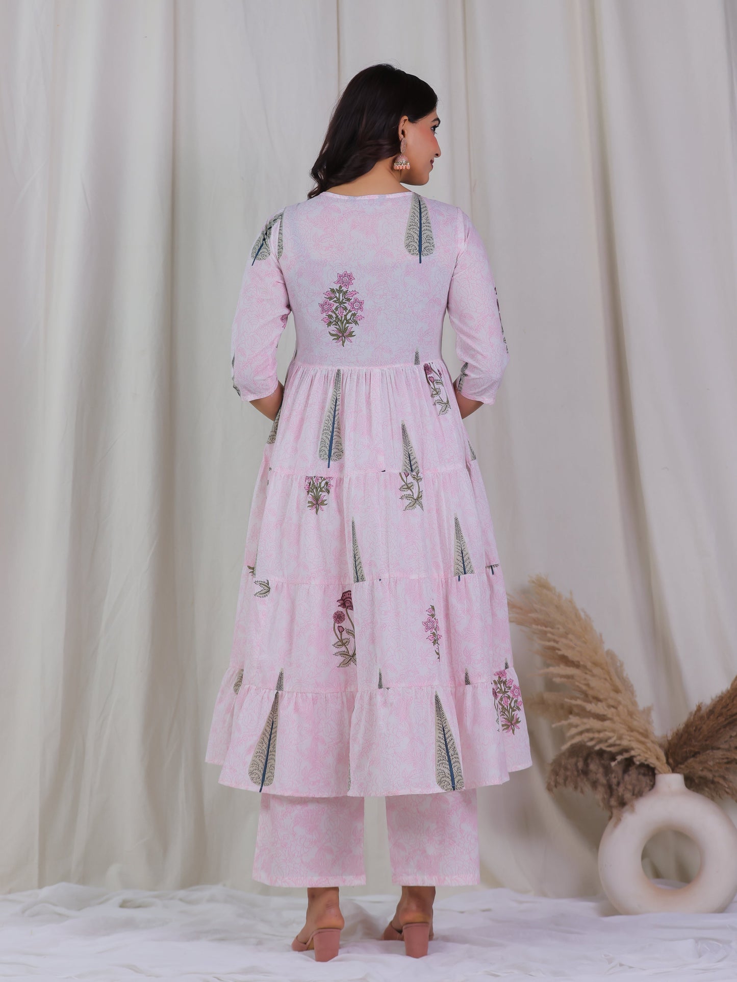 Embroidered Soft Cotton Floral Anarkali Pink Kurta