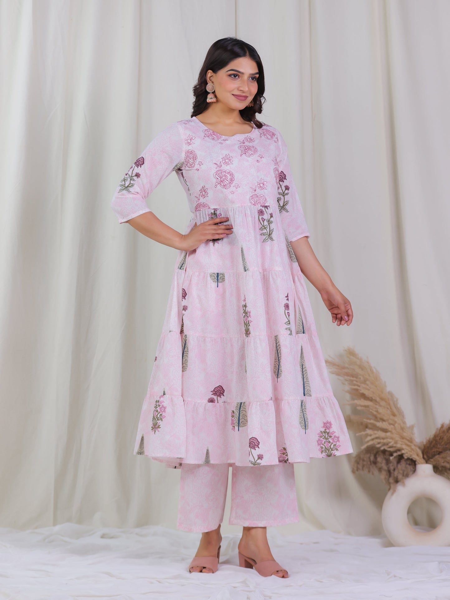 Embroidered Soft Cotton Floral Anarkali Pink Kurta