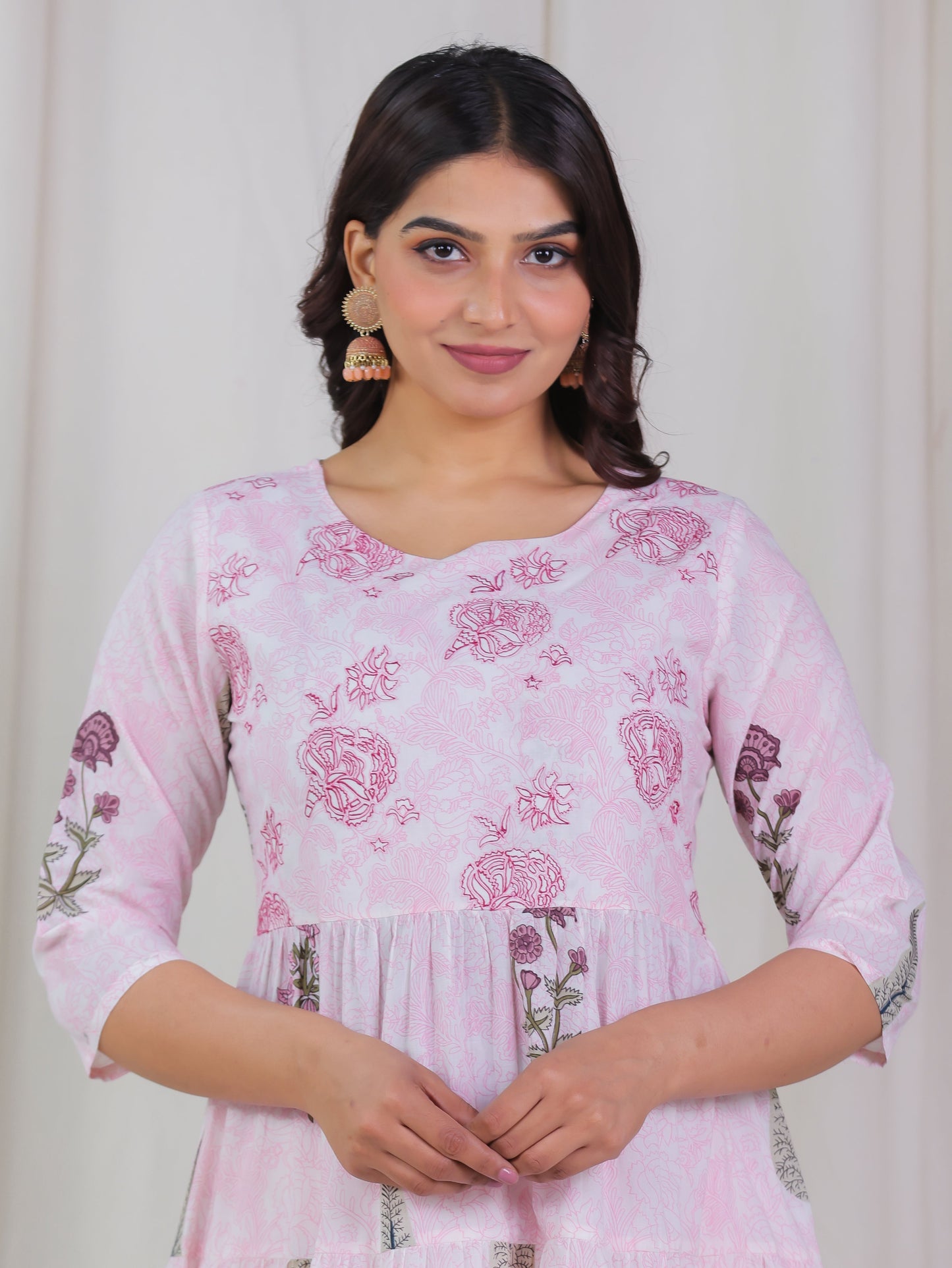 Embroidered Soft Cotton Floral Anarkali Pink Kurta