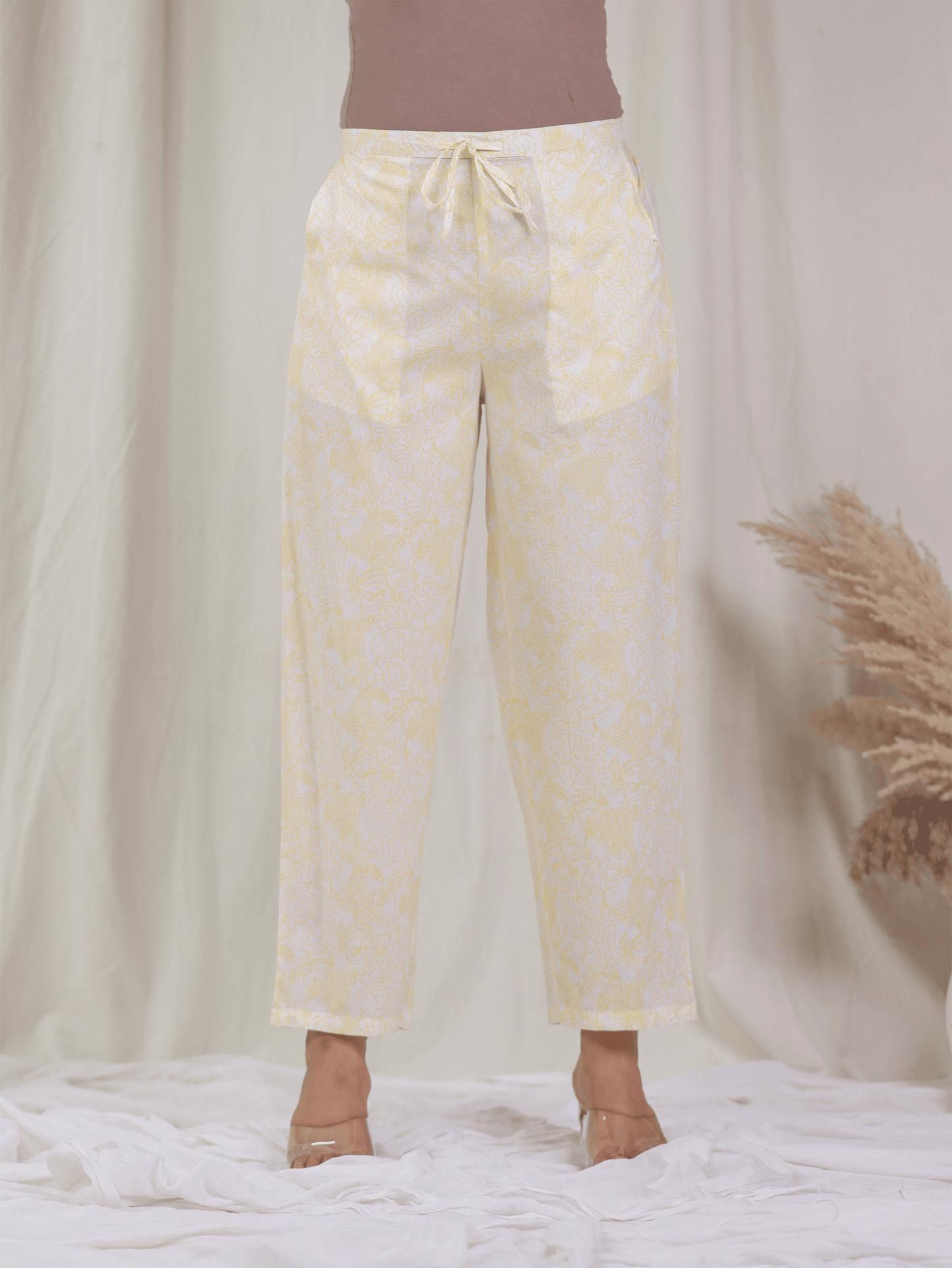Soft Cotton Floral Yellow Straight Trousers