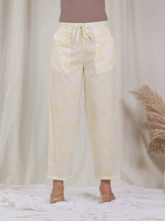Soft Cotton Floral Yellow Straight Trousers