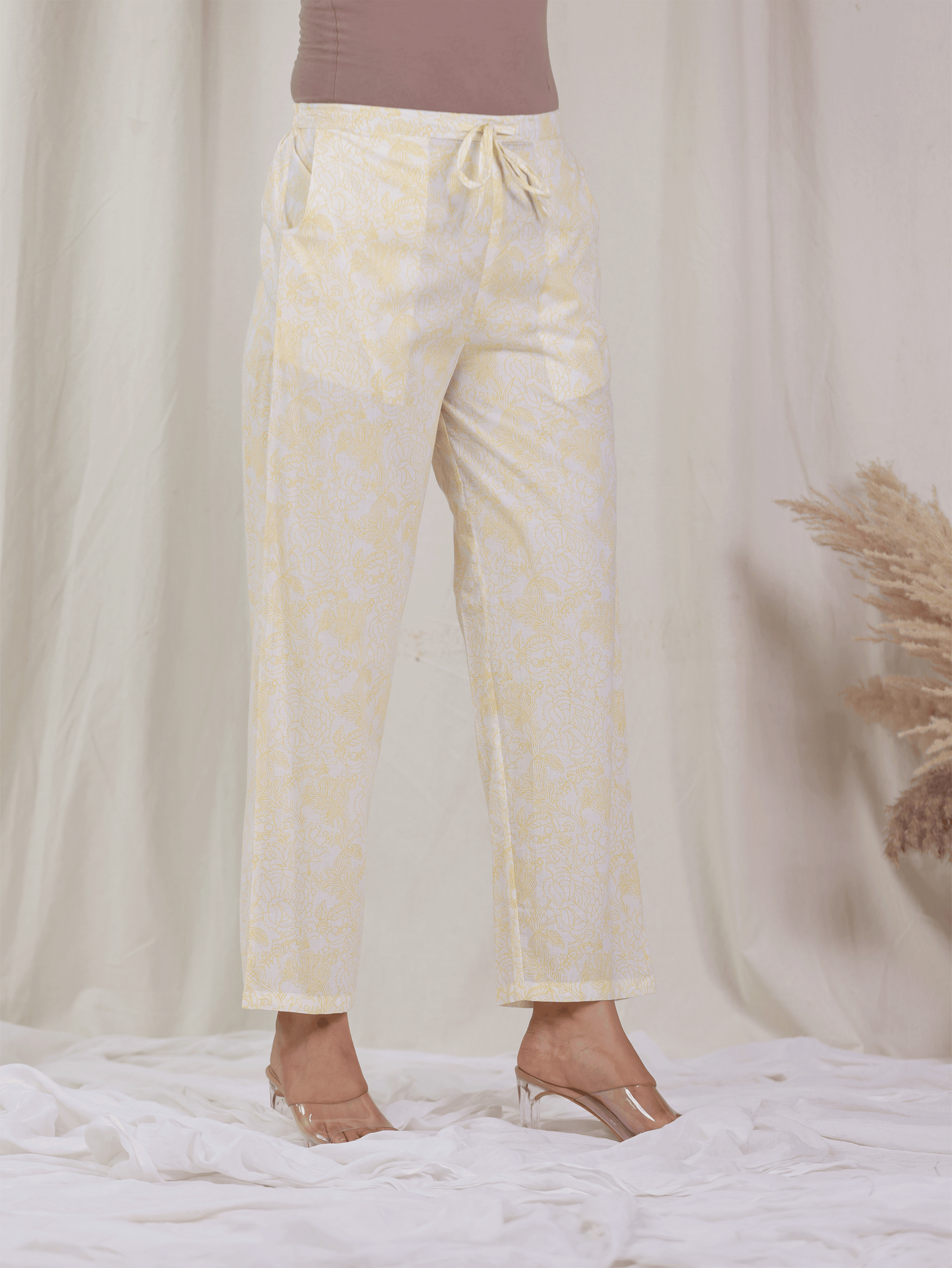Soft Cotton Floral Yellow Straight Trousers