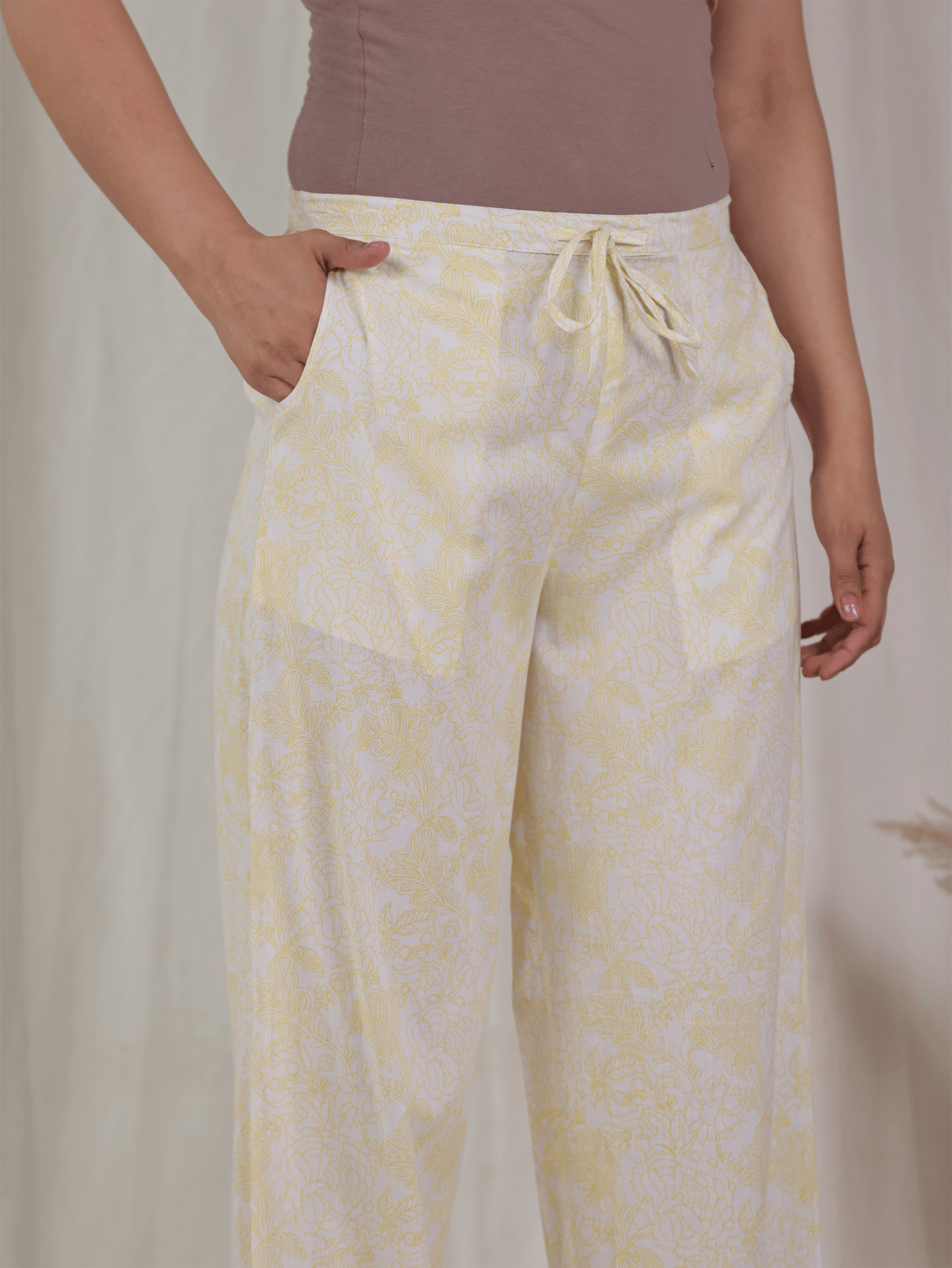 Soft Cotton Floral Yellow Straight Trousers