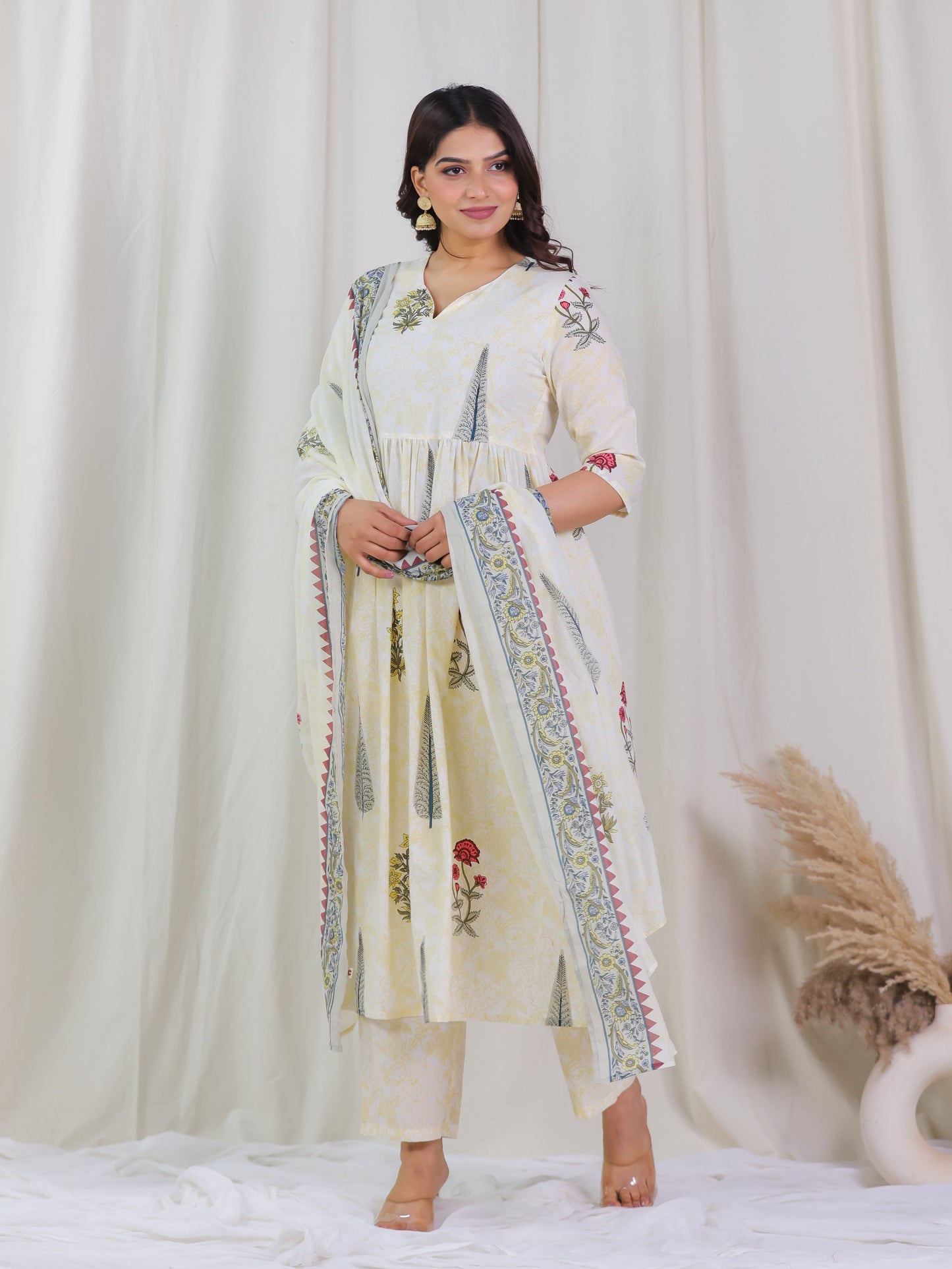 Soft Cotton Floral Anarkali Yellow Kurta