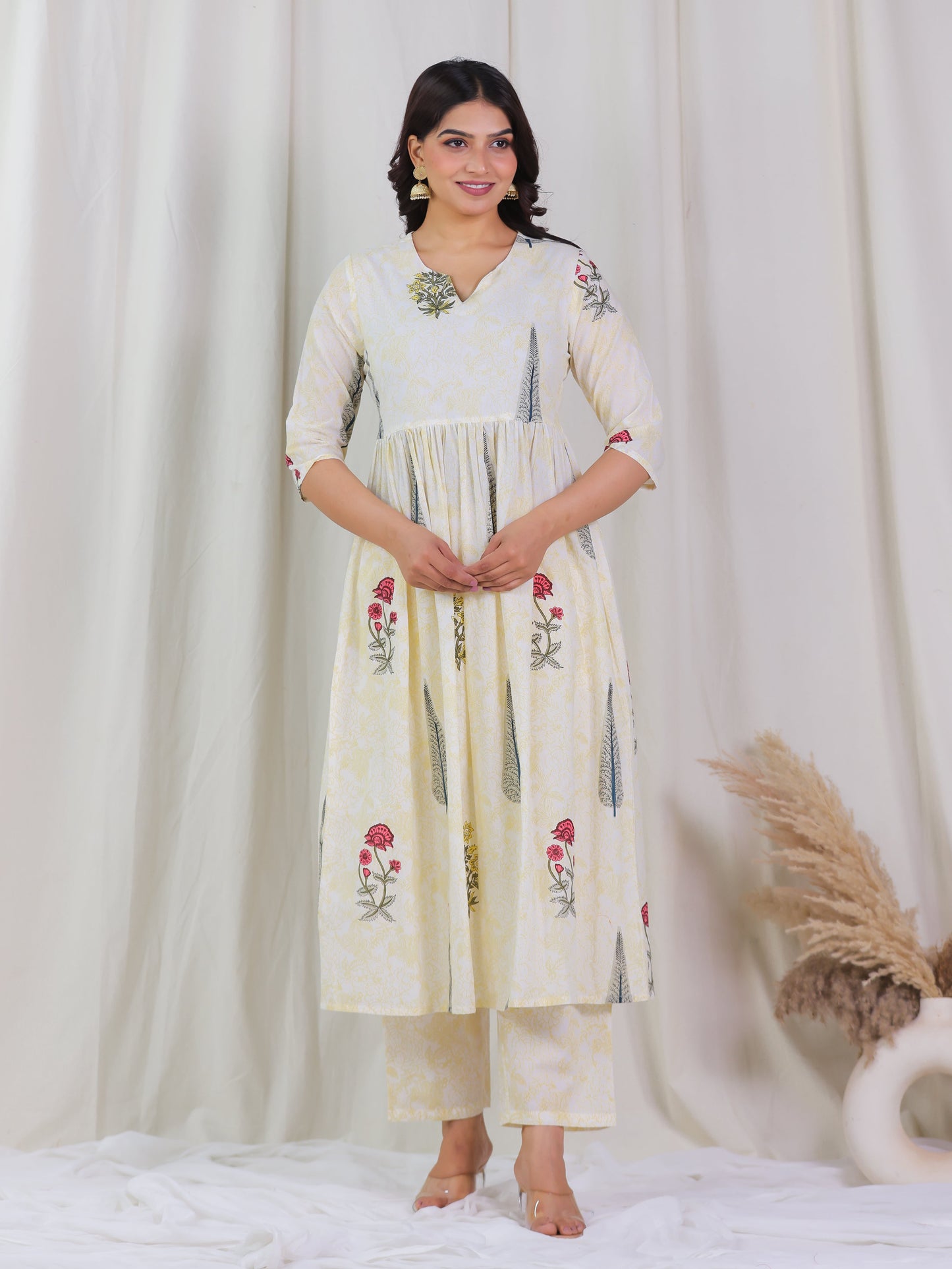 Soft Cotton Floral Anarkali Yellow Kurta