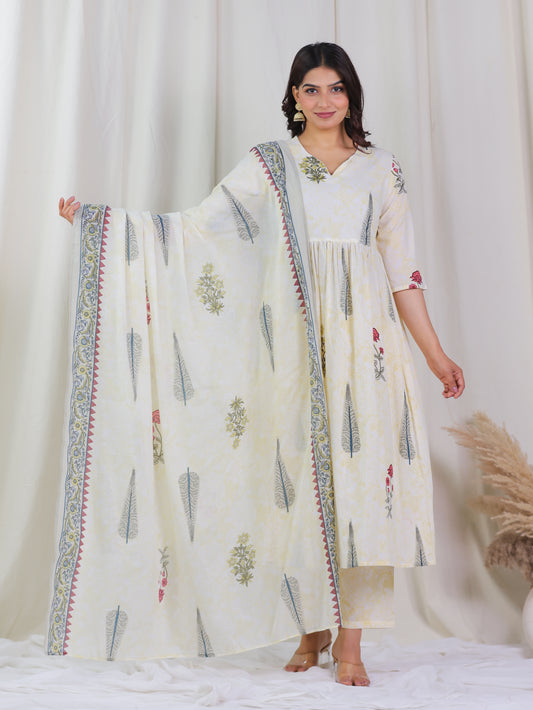 Soft Cotton Floral Anarkali Yellow Kurta