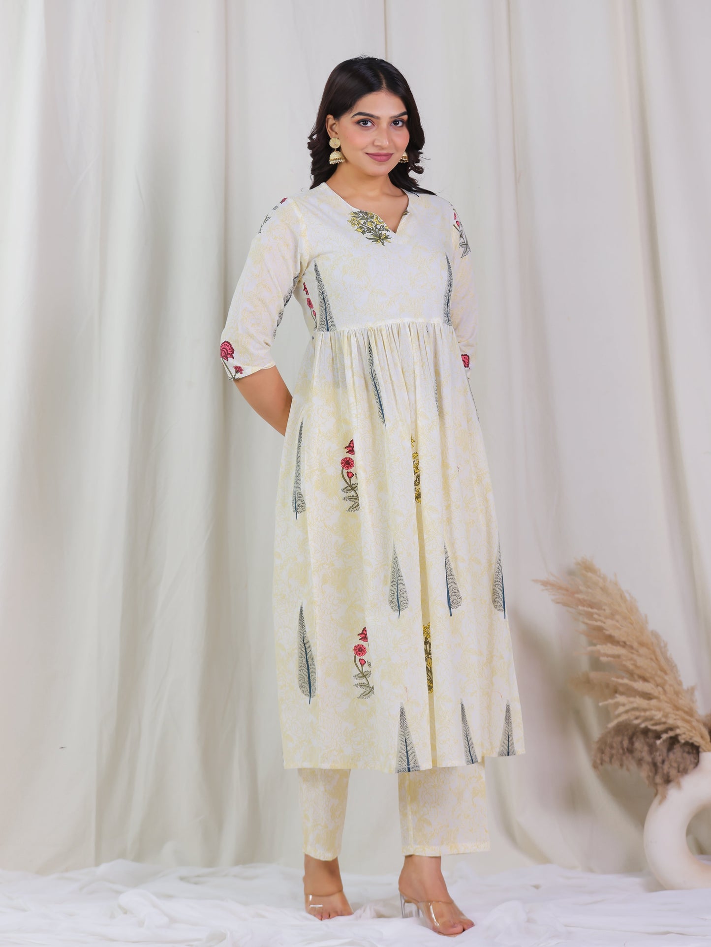Soft Cotton Floral Anarkali Yellow Kurta