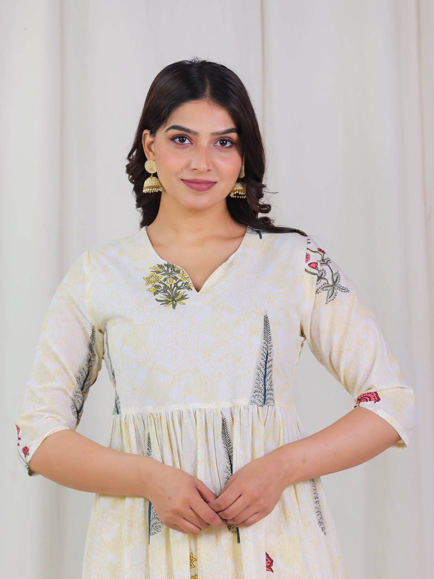 Soft Cotton Floral Anarkali Yellow Kurta