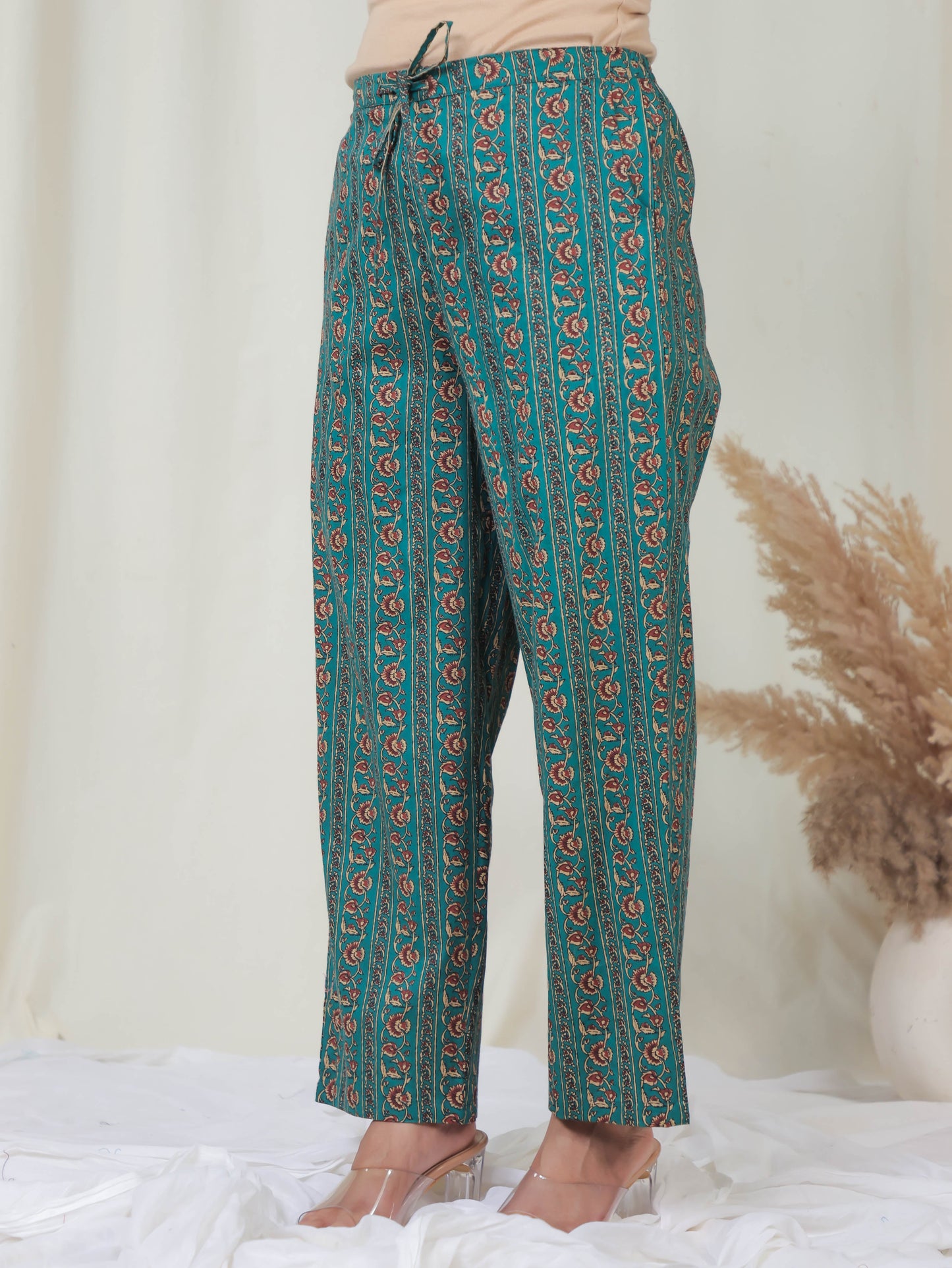 Soft Cotton Floral Green Straight Trousers