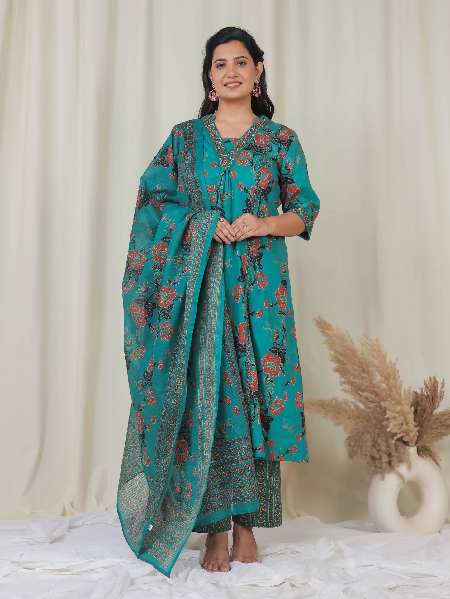 Kota Doria Floral Green Dupatta