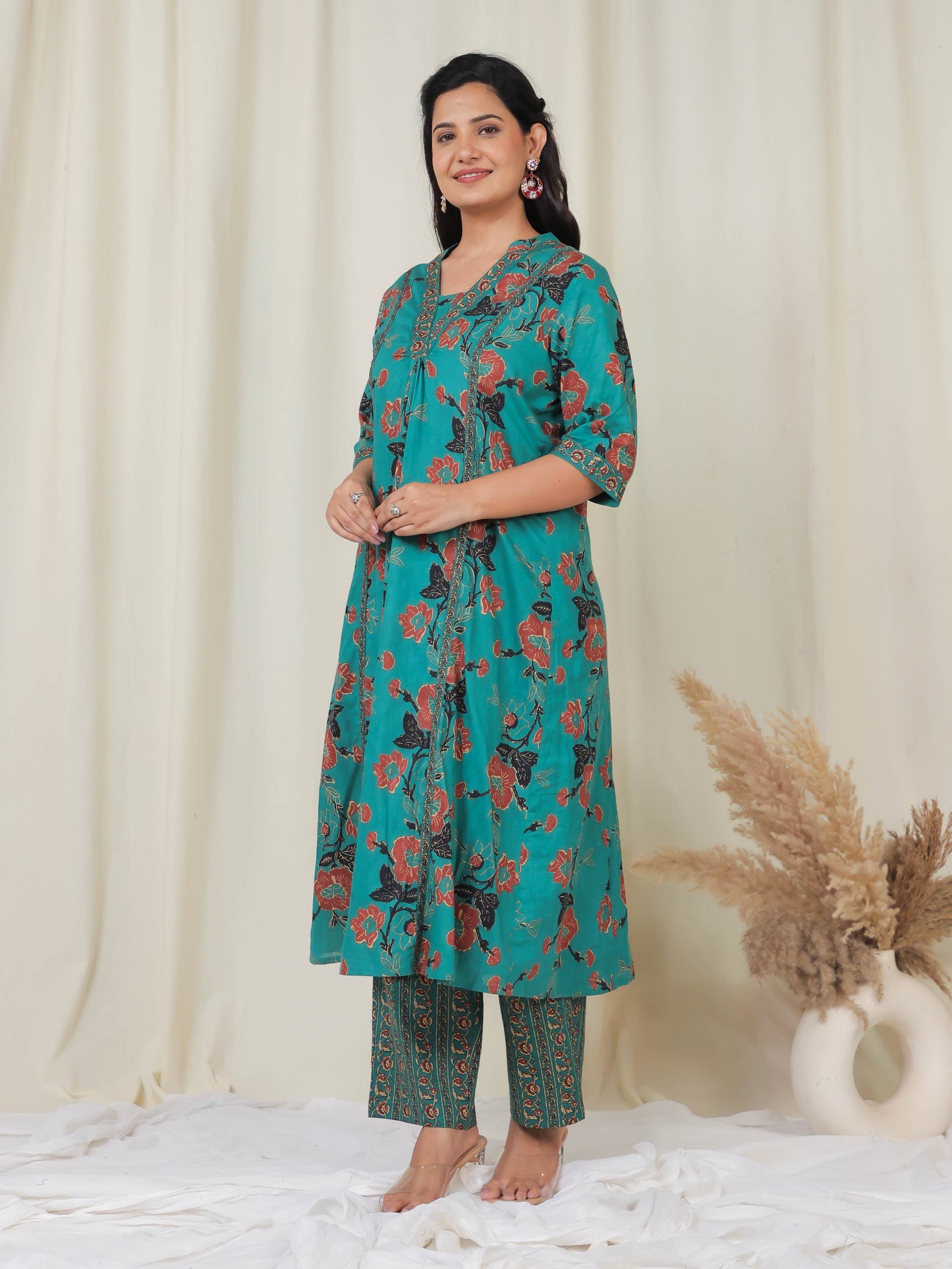 Soft Cotton Floral Flared Green Kurta