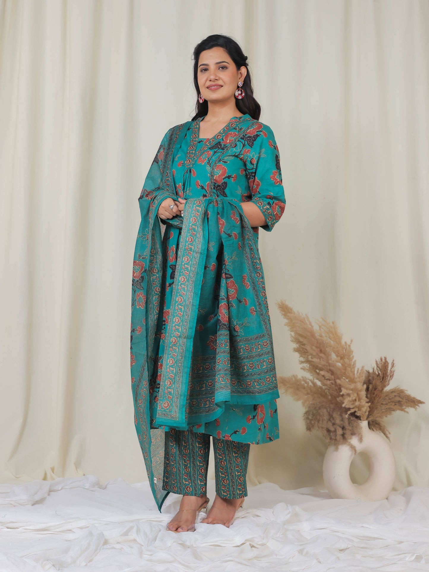 Soft Cotton Floral Flared Green Kurta