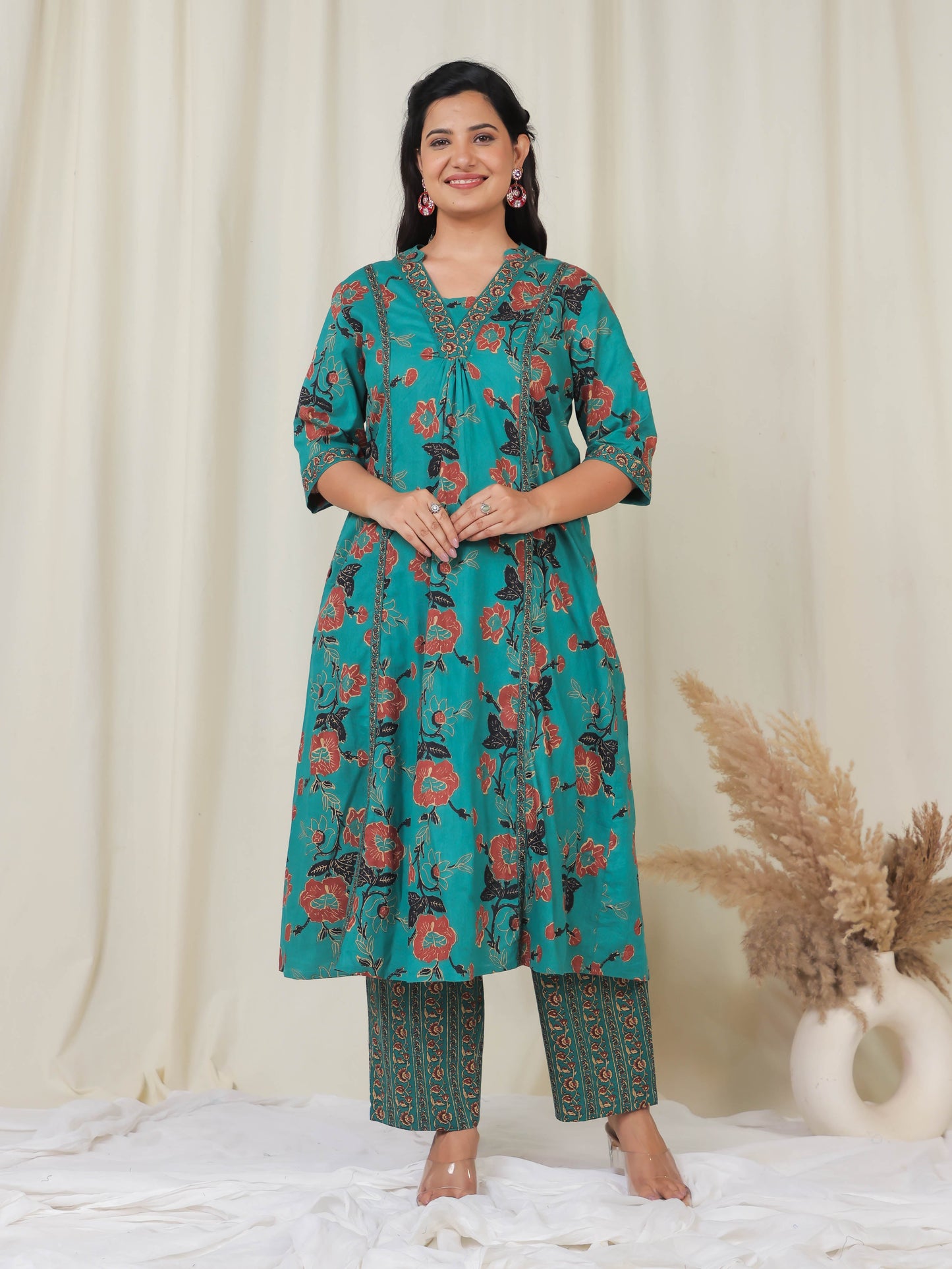 Soft Cotton Floral Flared Green Kurta