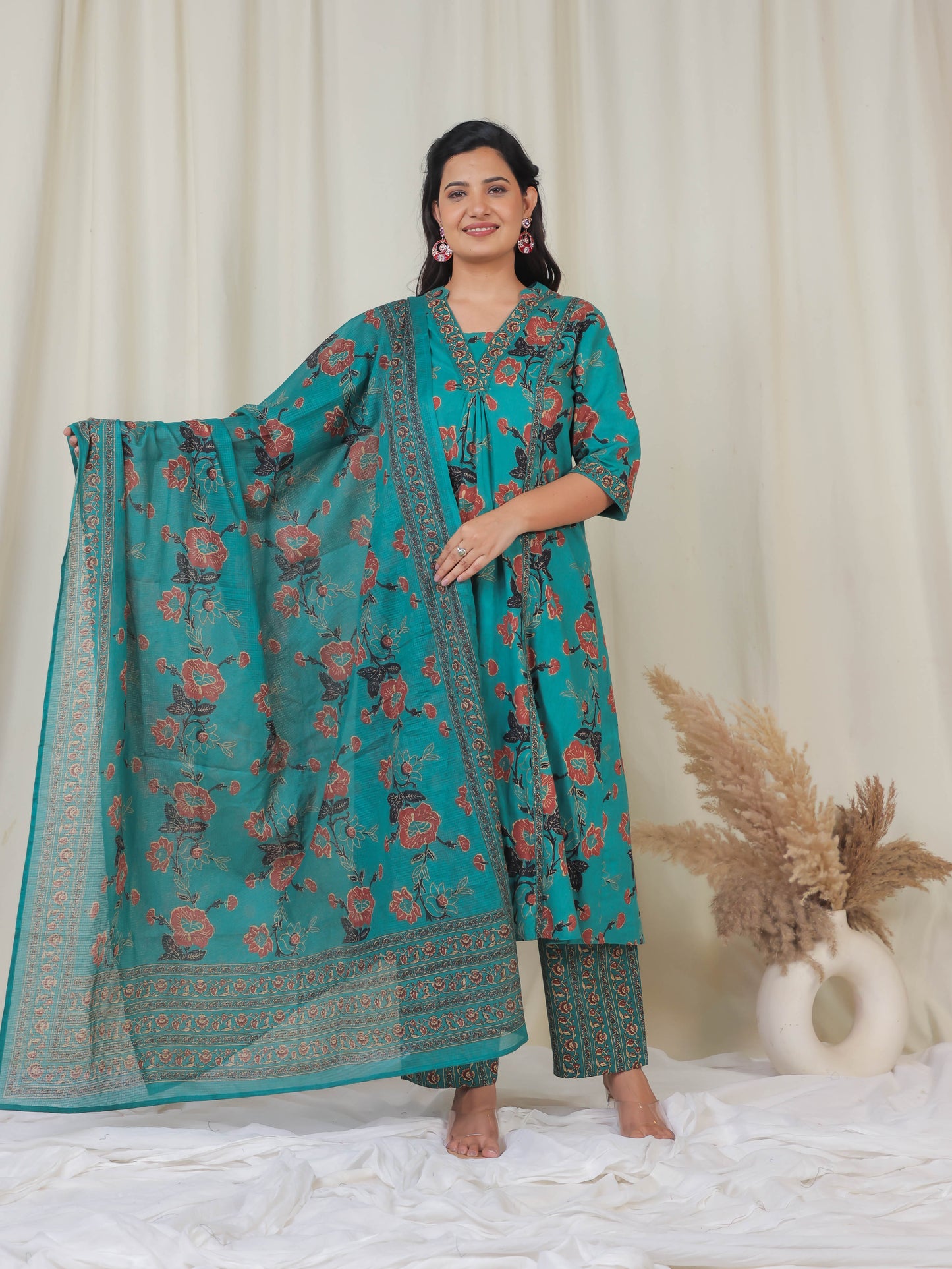 Soft Cotton Floral Flared Green Kurta