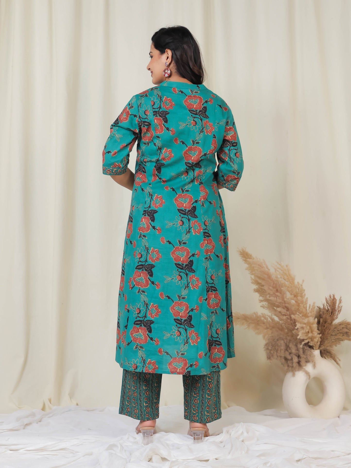 Soft Cotton Floral Flared Green Kurta
