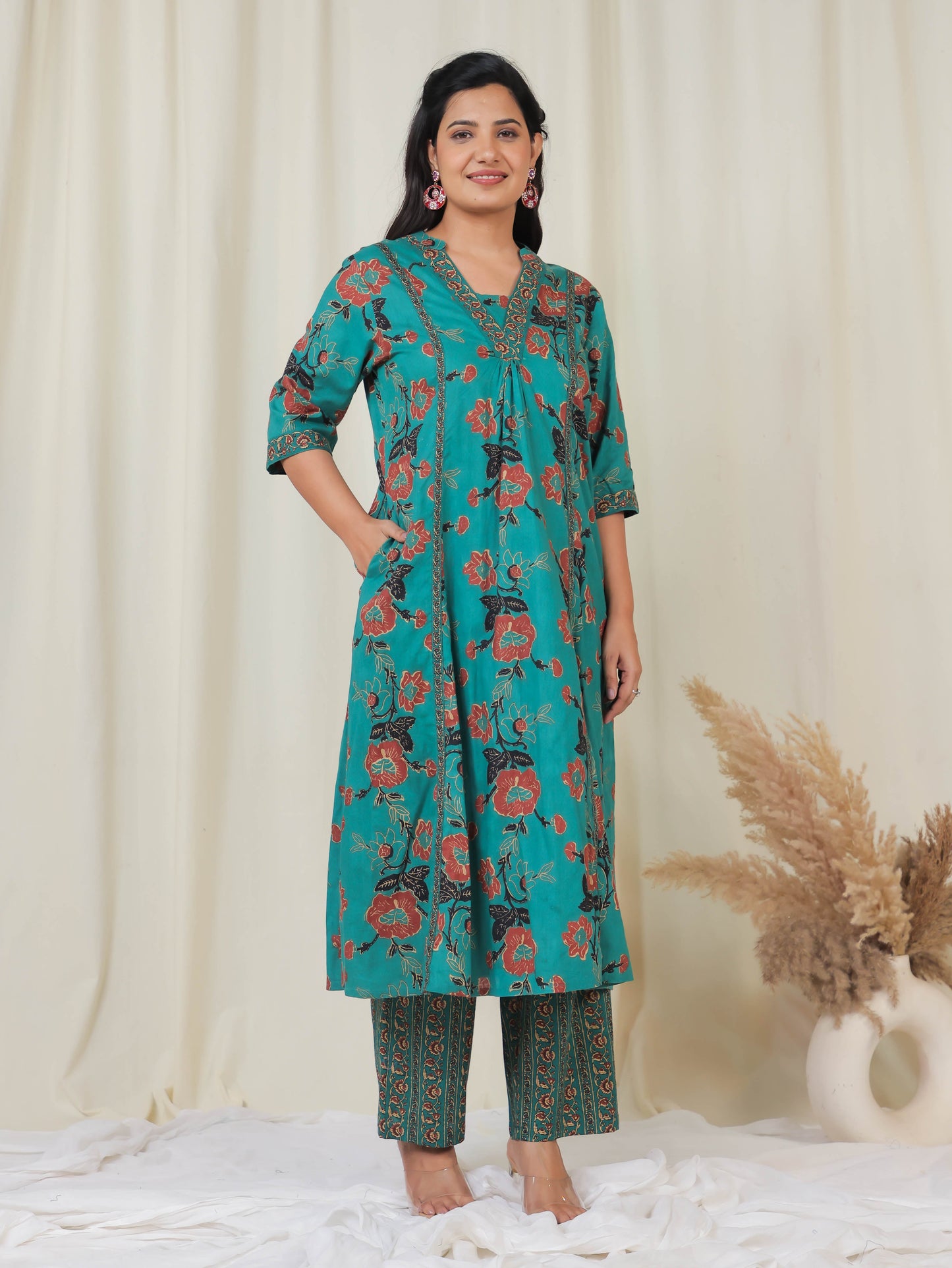 Soft Cotton Floral Flared Green Kurta