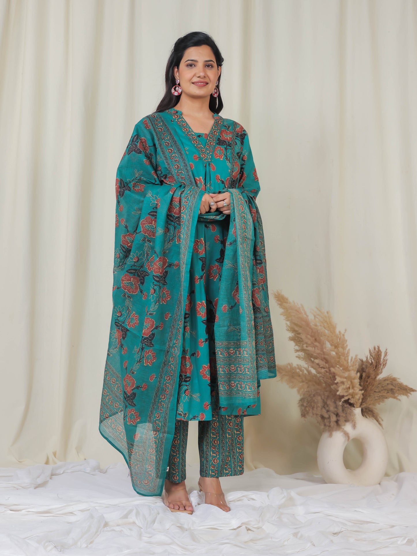 Soft Cotton Floral Flared Green Kurta