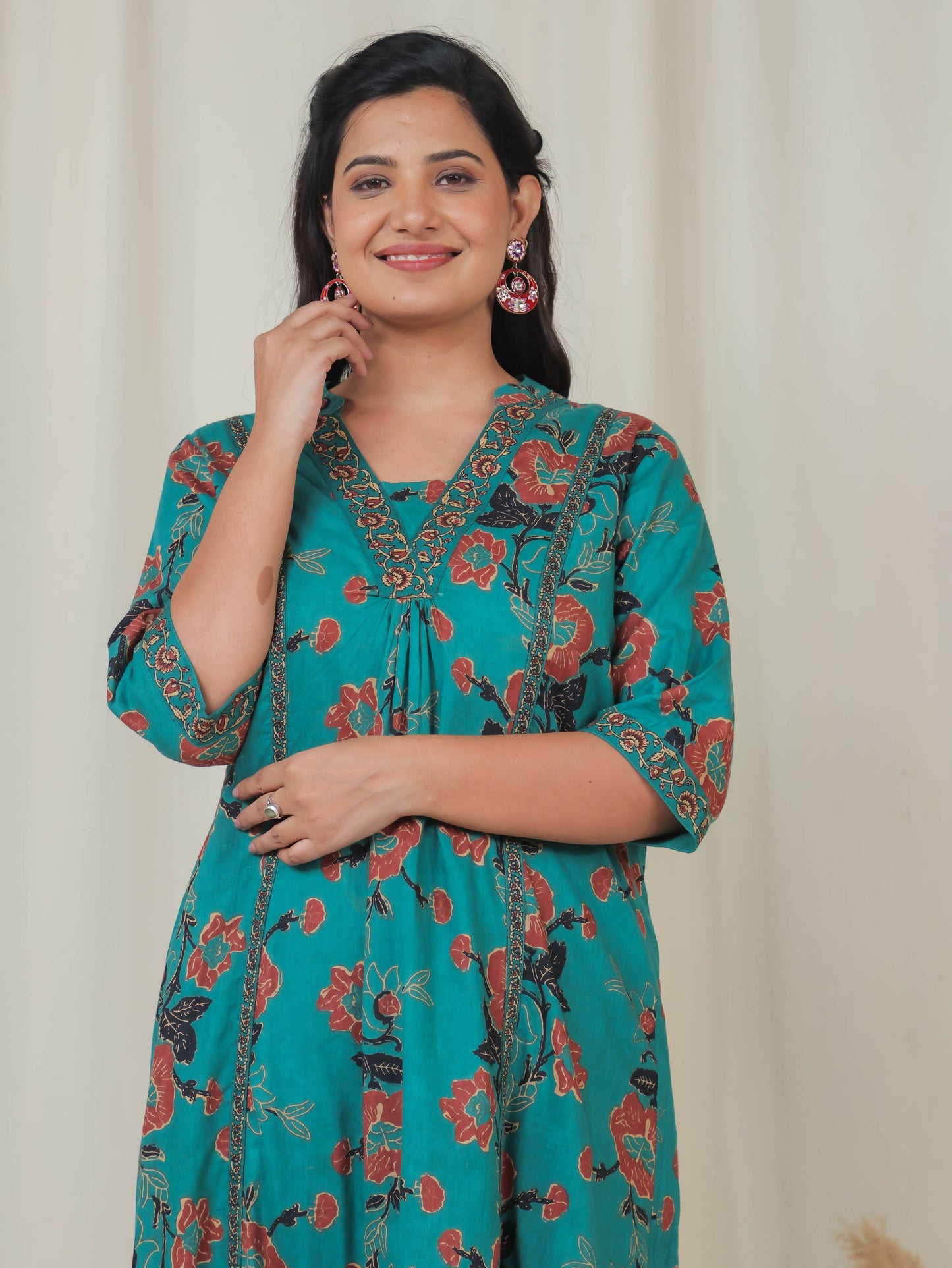 Soft Cotton Floral Flared Green Kurta