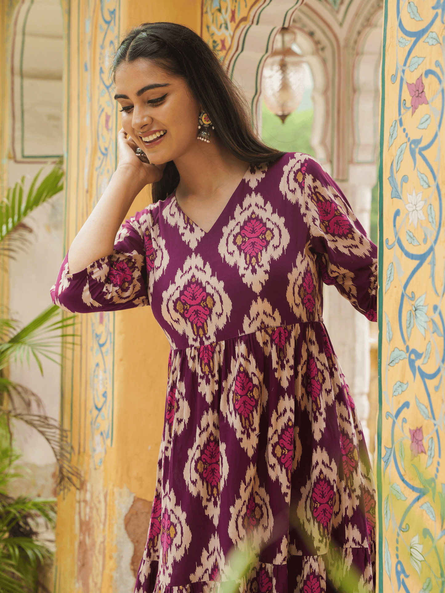 Soft Cotton Ikat Flared Purple Dress