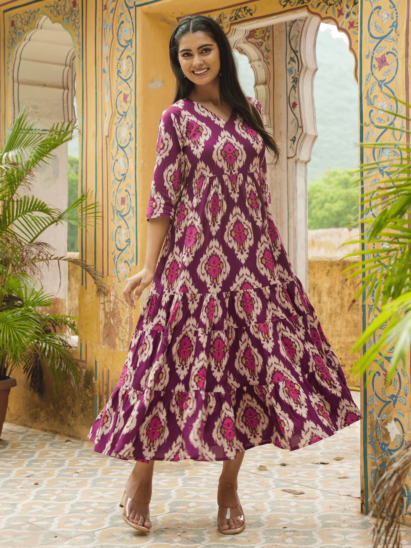 Soft Cotton Ikat Flared Purple Dress