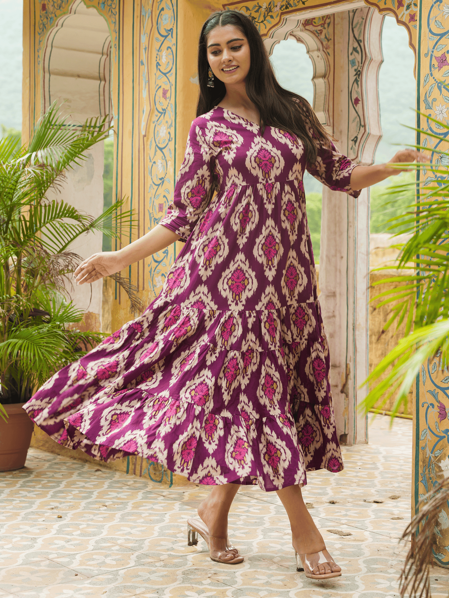 Soft Cotton Ikat Flared Purple Dress