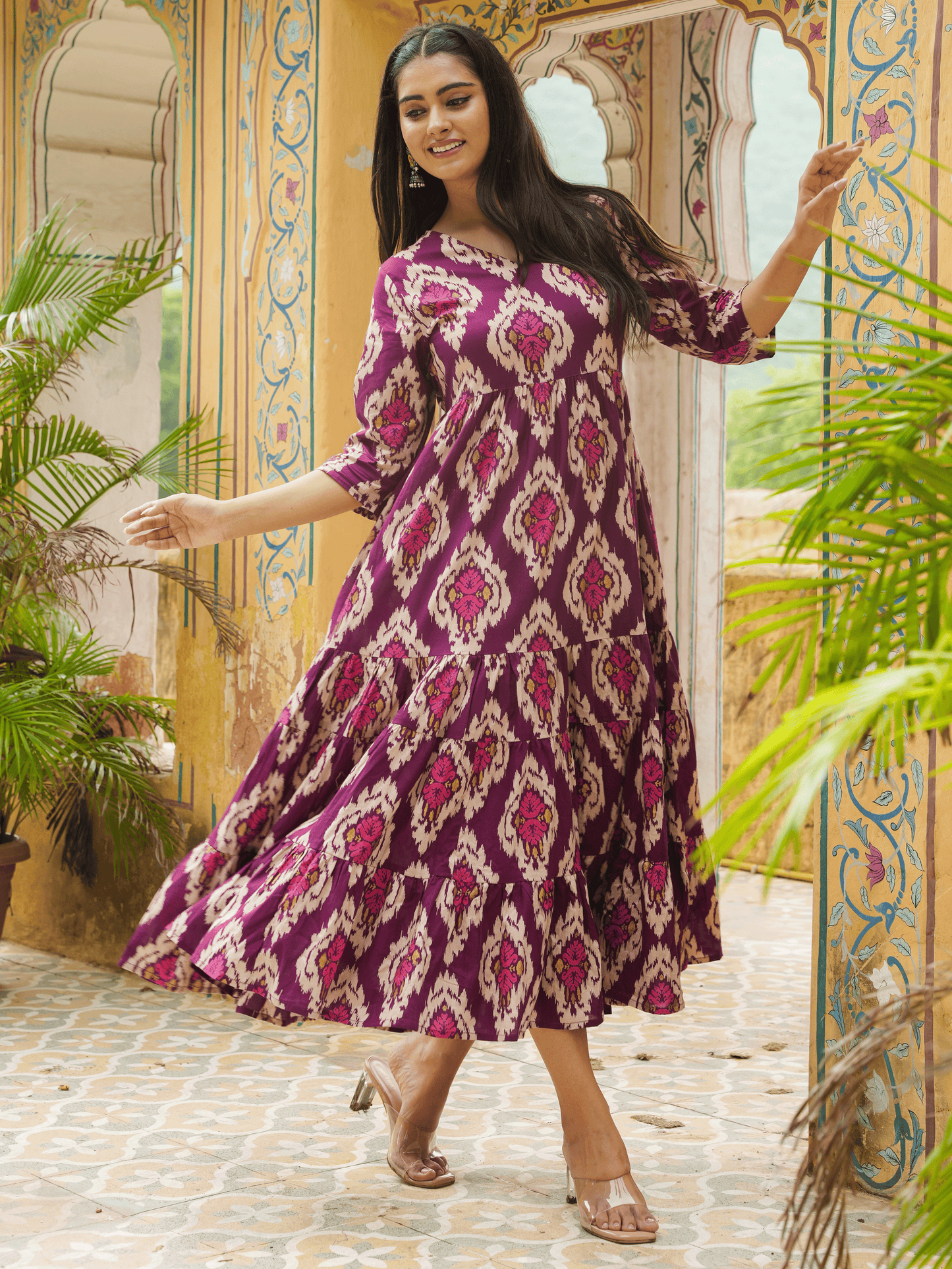 Soft Cotton Ikat Flared Purple Dress