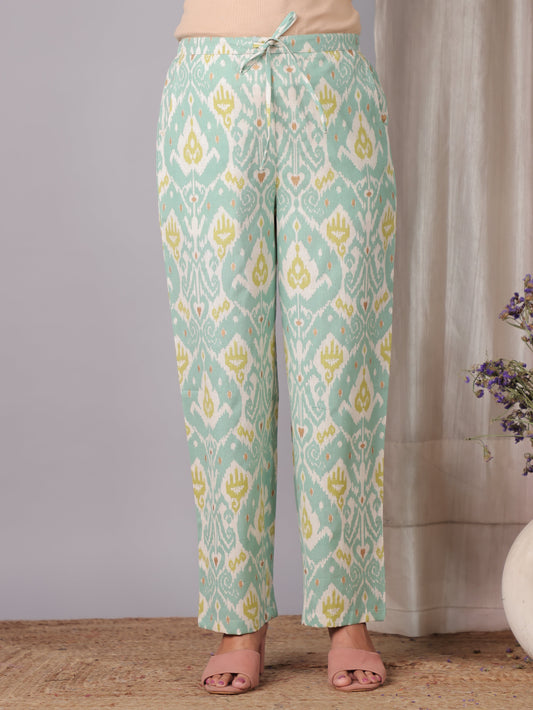Linen Cotton Ikat Green Straight Trousers