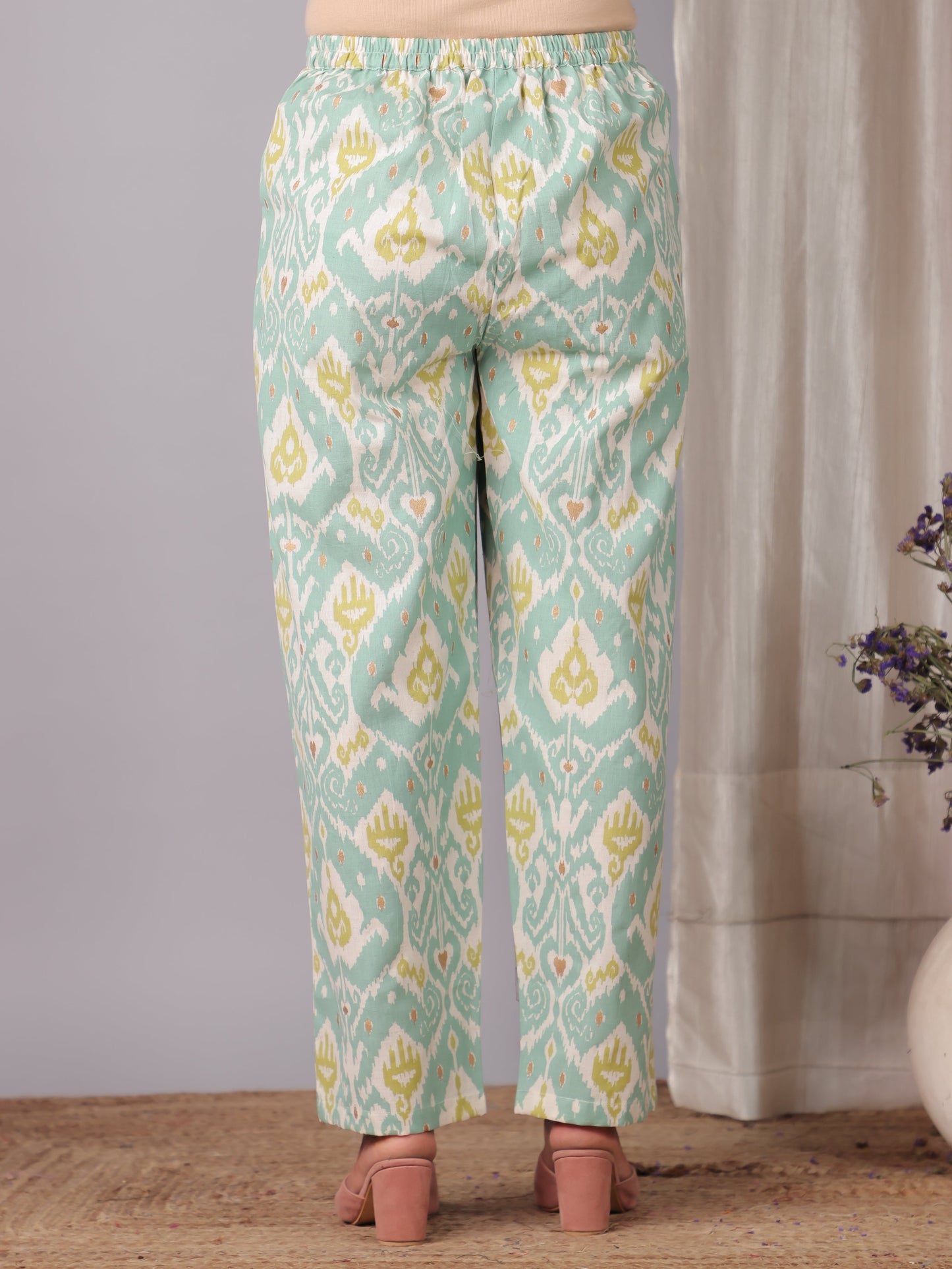 Linen Cotton Ikat Green Straight Trousers