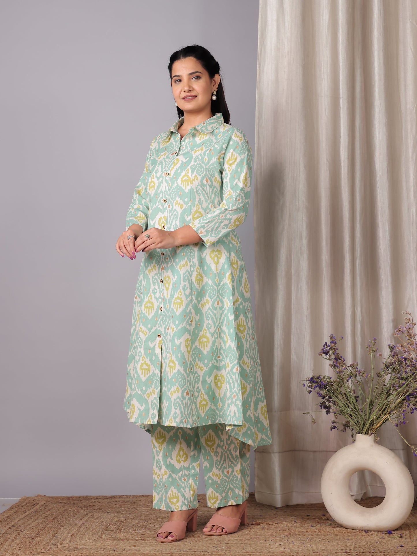 Linen Cotton Ikat High Low Green Kurta