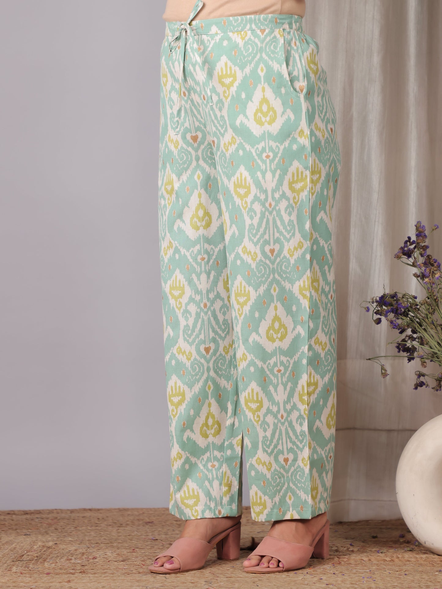 Linen Cotton Ikat High Low Green Kurta