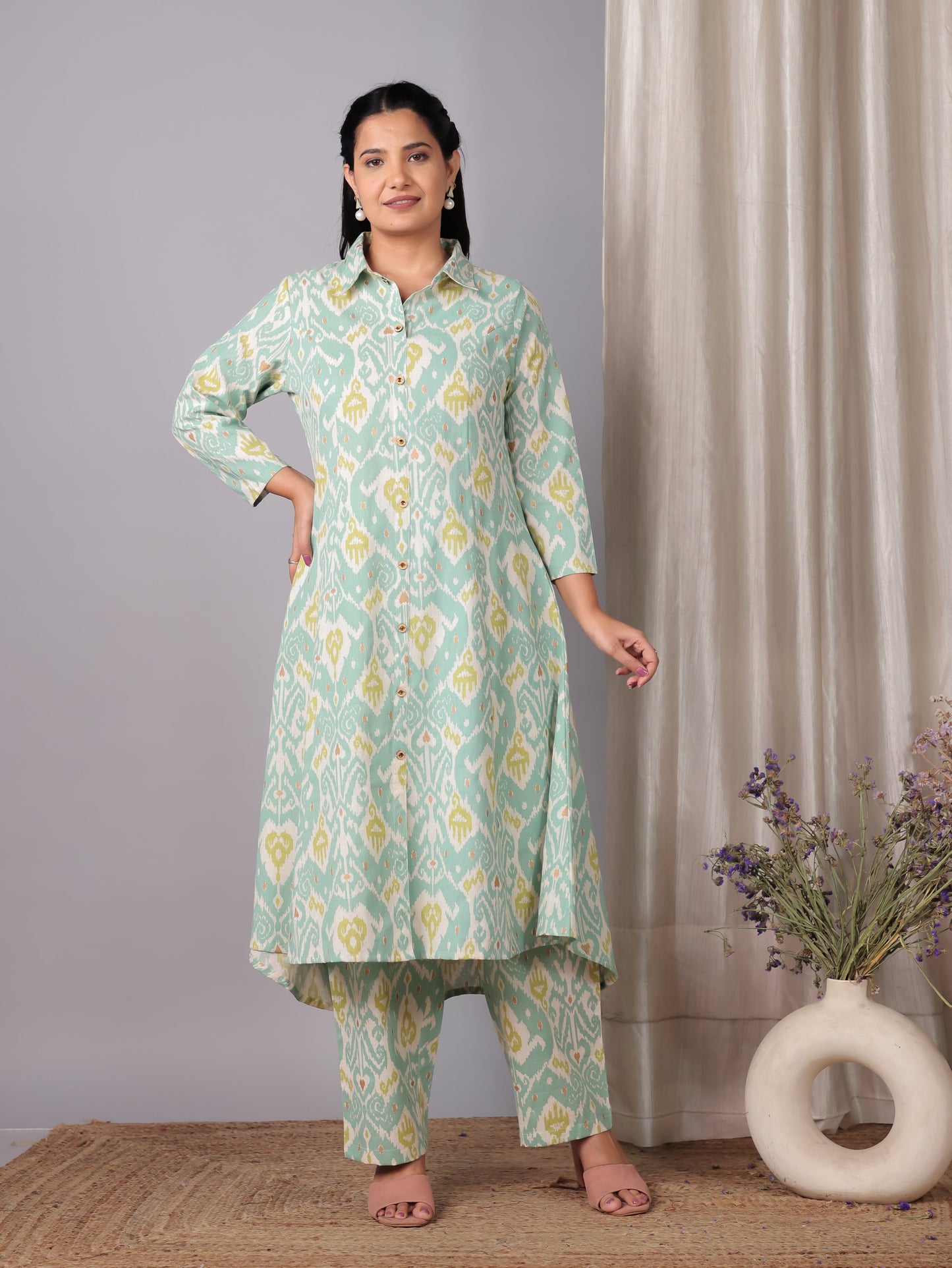 Linen Cotton Ikat High Low Green Kurta