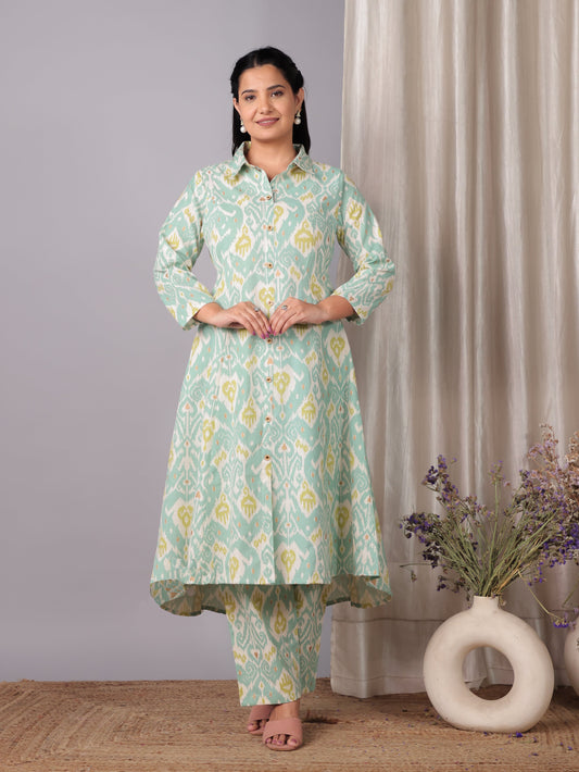 Linen Cotton Ikat High Low Green Kurta