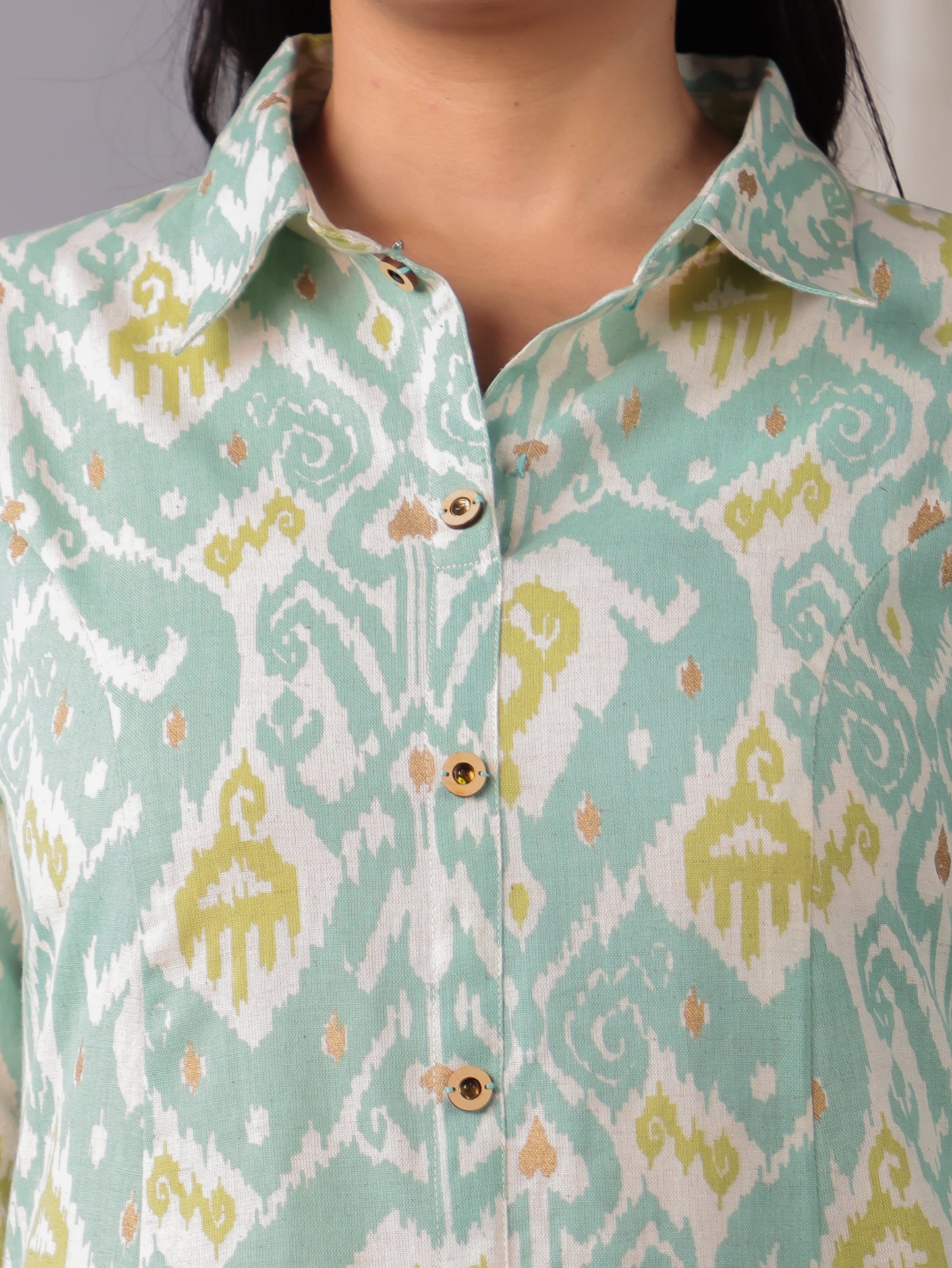 Linen Cotton Ikat High Low Green Kurta