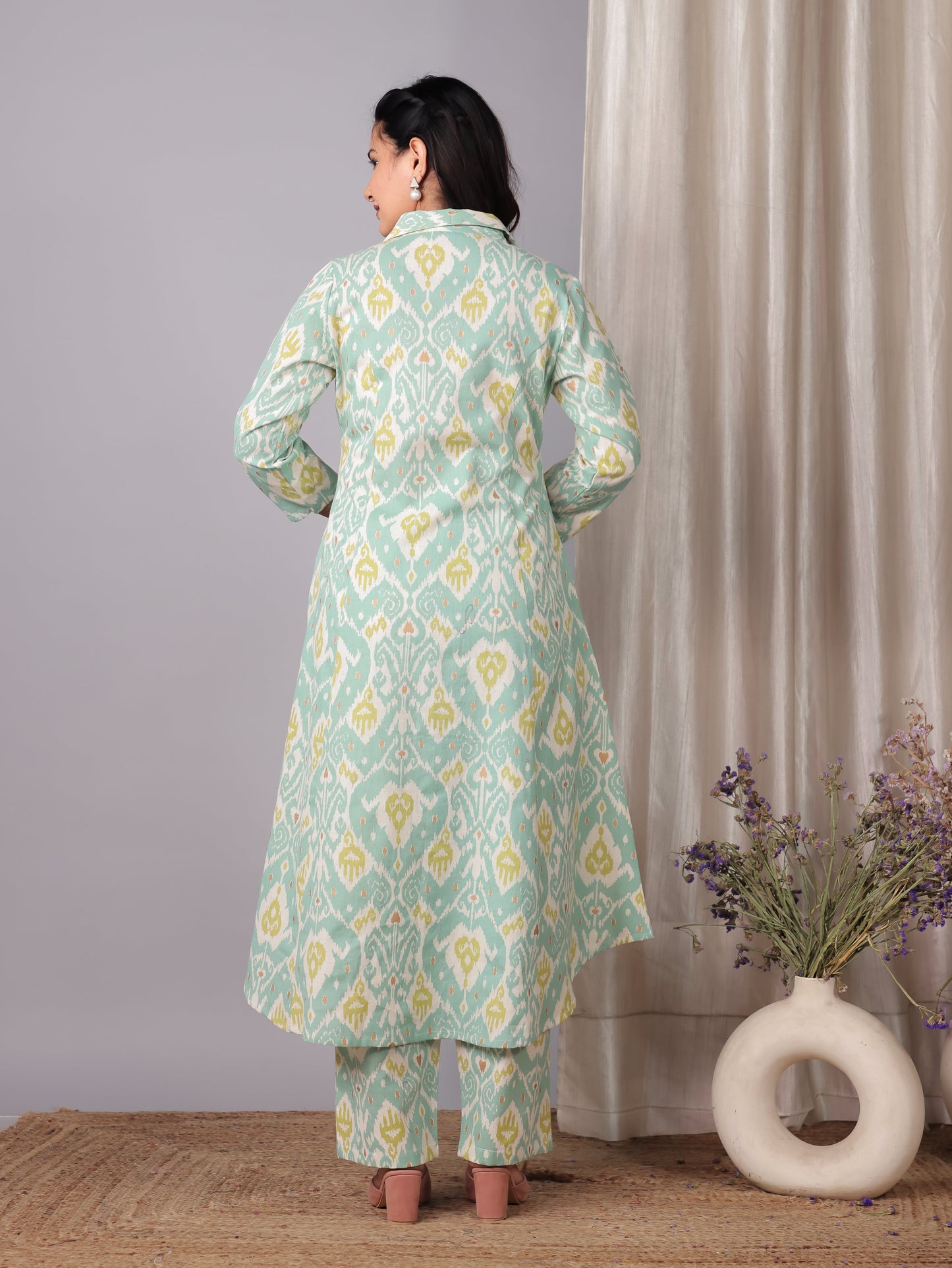 Linen Cotton Ikat High Low Green Kurta