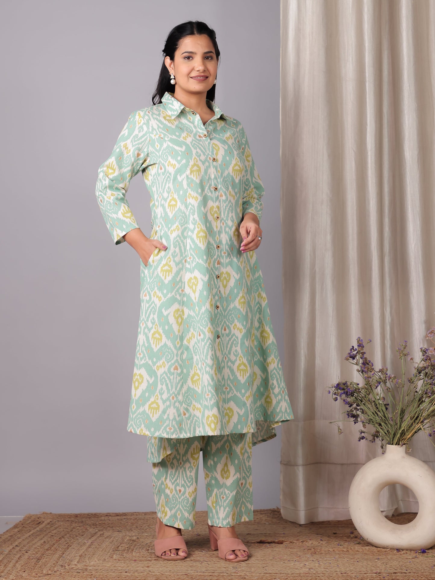Linen Cotton Ikat High Low Green Kurta